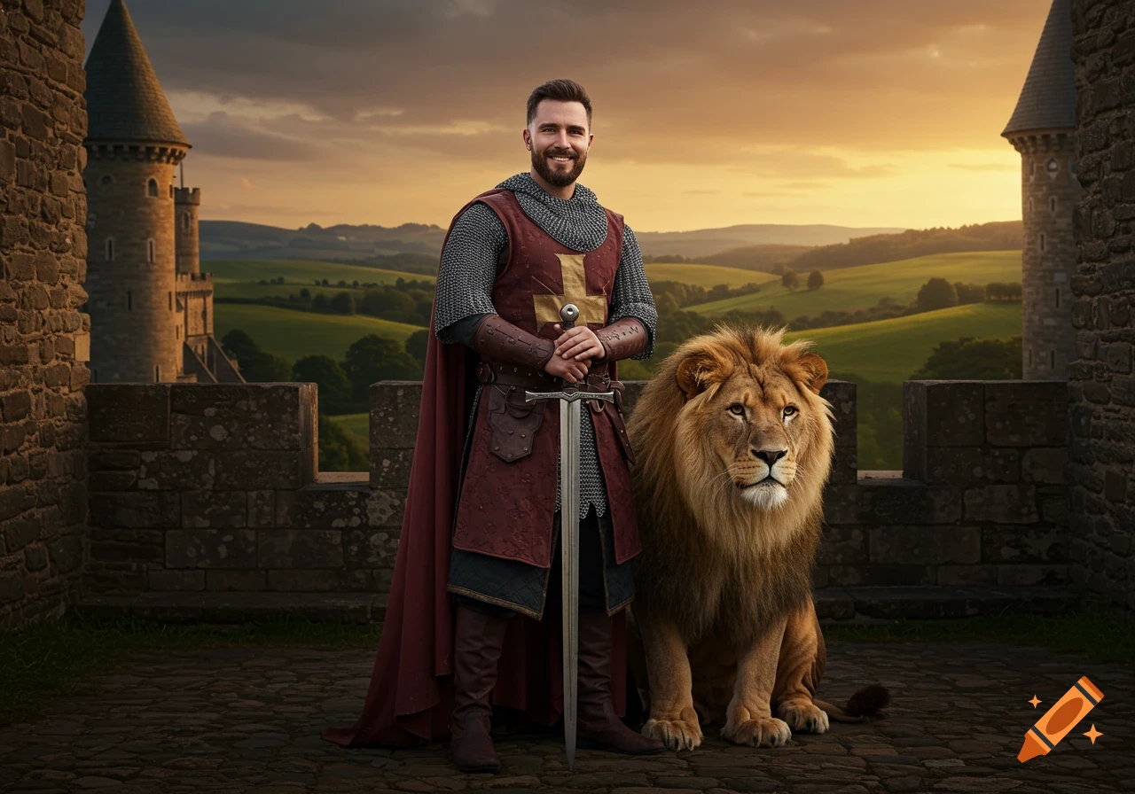 A smiling knight in chainmail and a red tunic stands with a lion on a castle wall at sunset.