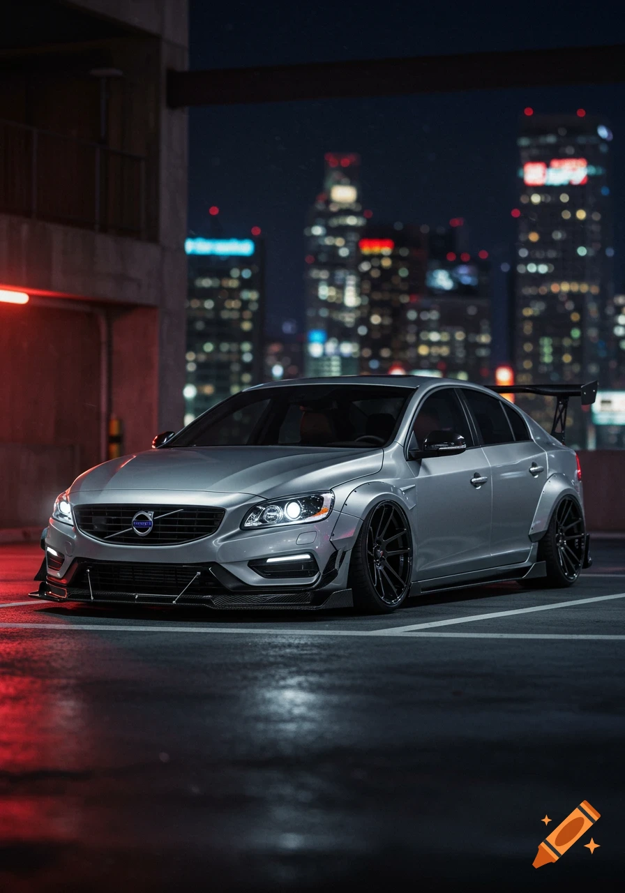 A silver modified Volvo S60 parked in a dark garage, with a blurred city skyline lit up at night behind it.
