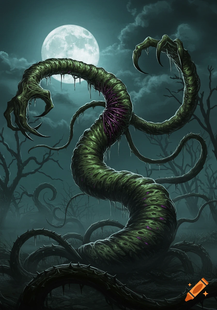 A terrifying green monster with clawed tentacles and purple sores emerges from a desolate forest under a full moon.