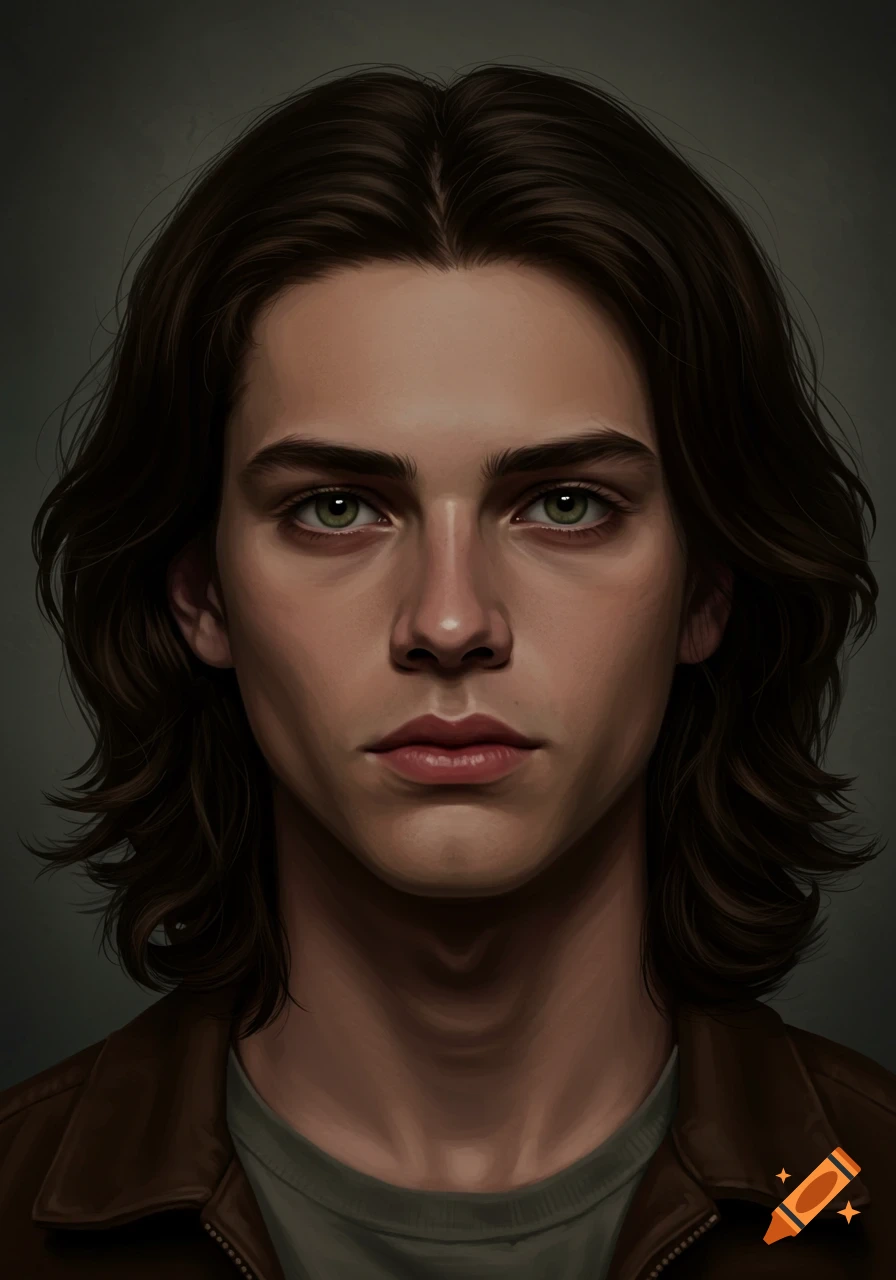 Close-up digital painting of a young man with long dark brown hair and green eyes, looking directly at the viewer.
