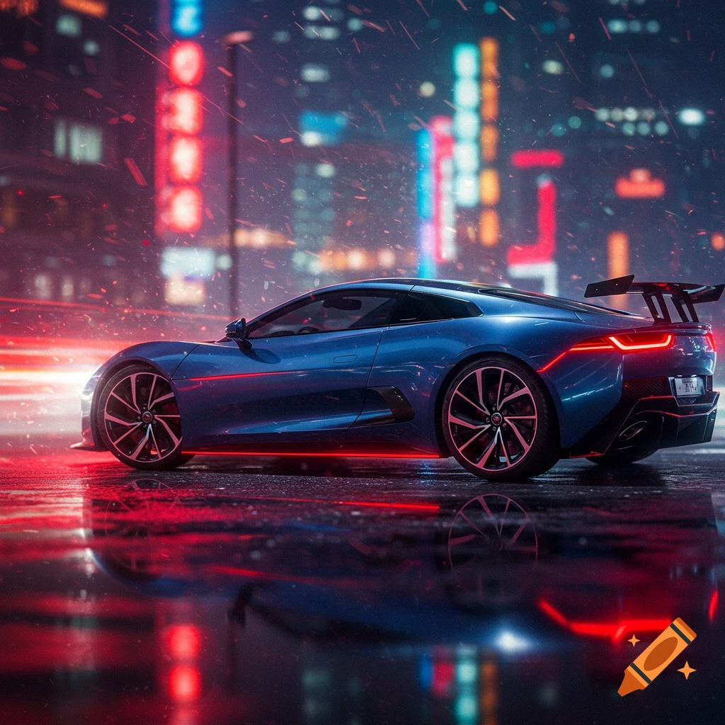A sleek blue sports car with red underglow lights on a wet street at night, with blurred neon city lights in the background.