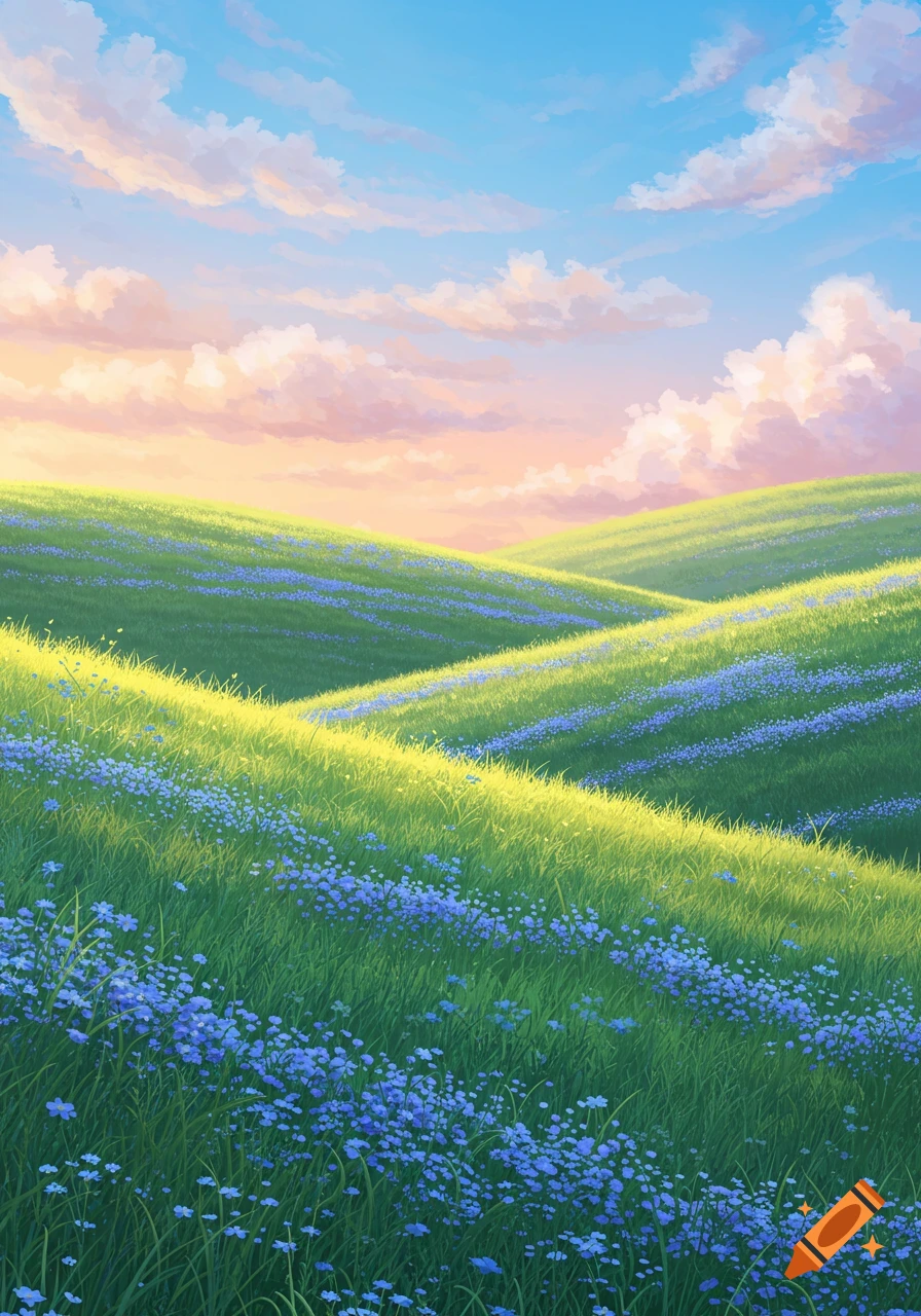 Rolling green hills covered in patches of small blue flowers under a bright sky with fluffy clouds.