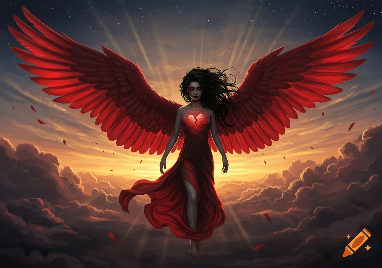 A dark-haired angelic figure with large red wings and a glowing broken heart on their chest floats in a dramatic sky with sunset clouds and stars.