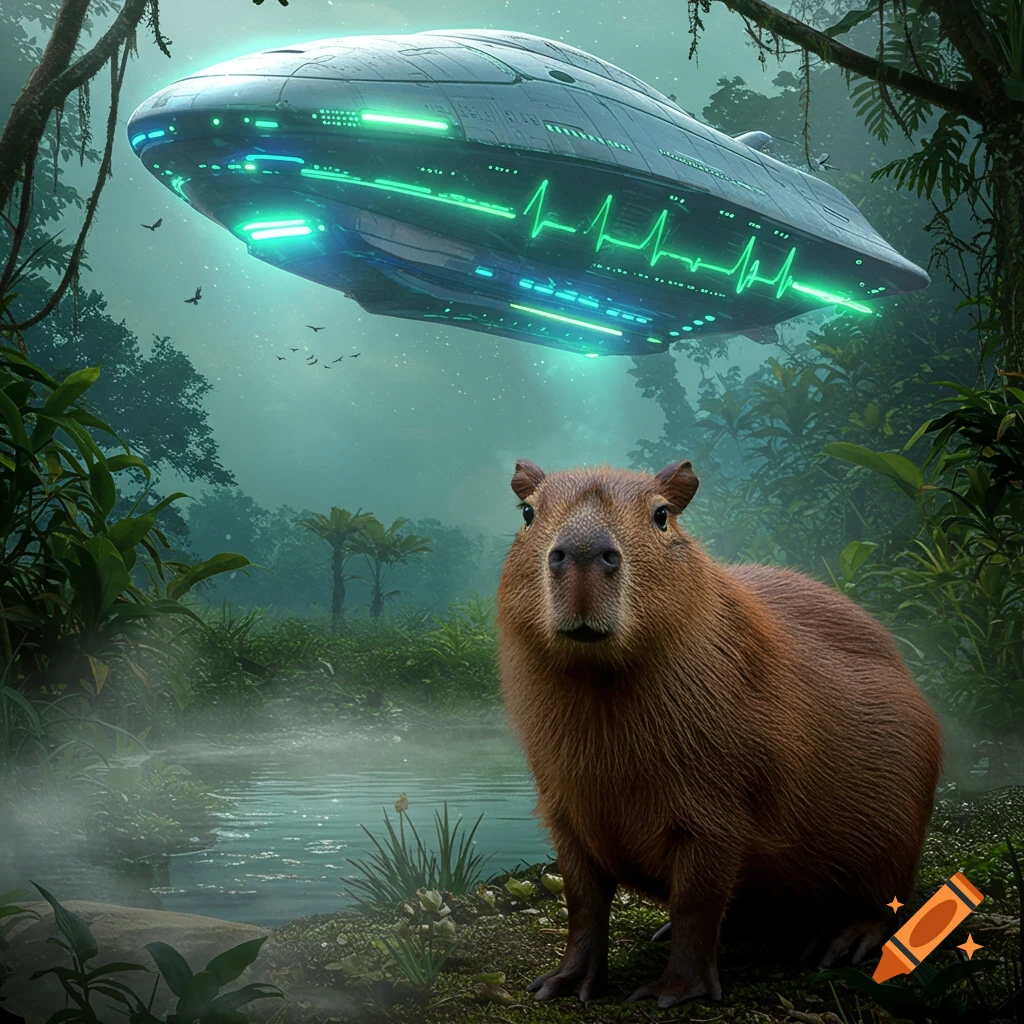 A photorealistic capybara by a river in a misty jungle, looking at the camera, with a large alien spaceship hovering above.
