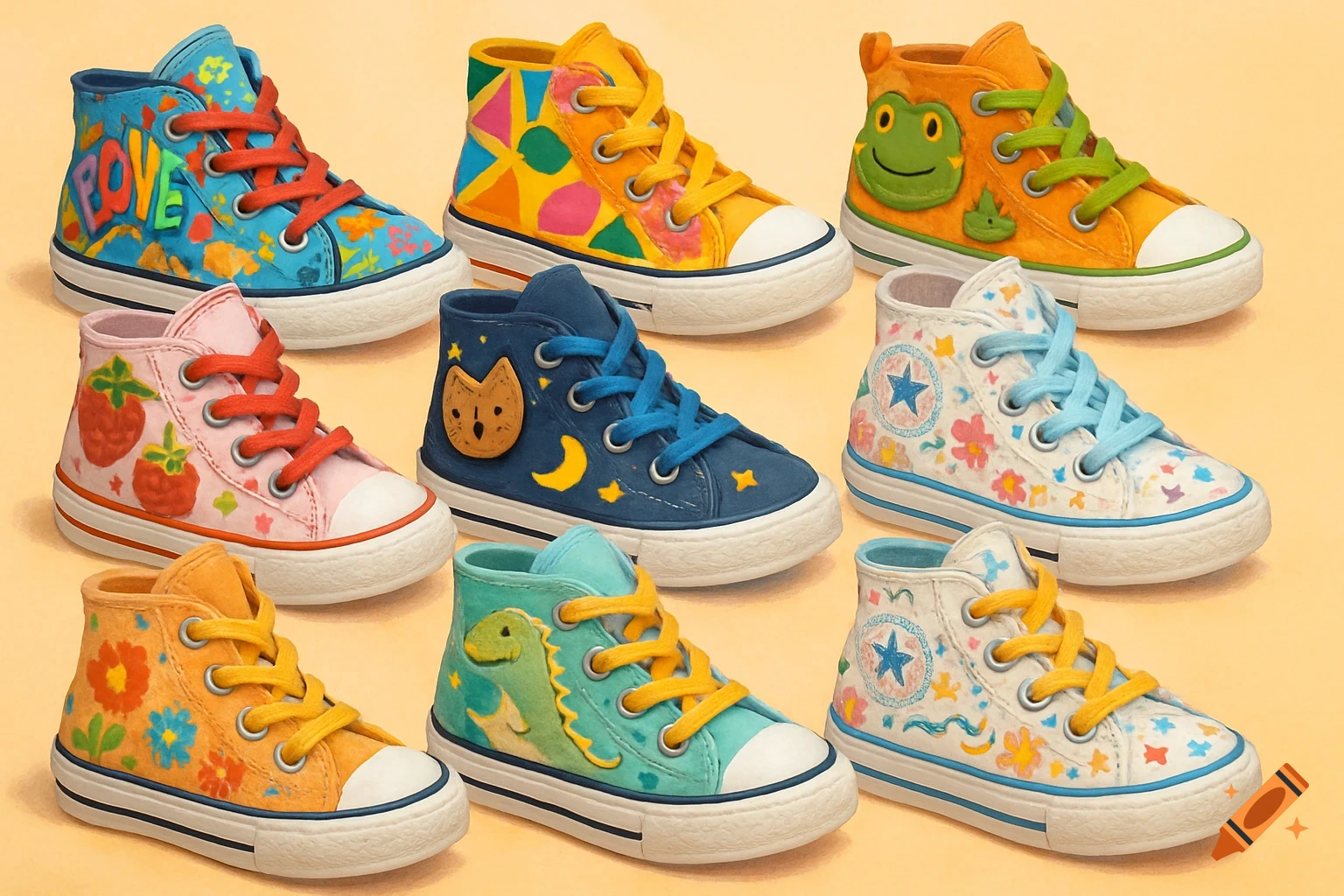 Nine colorful, high-top canvas sneakers with diverse playful designs like abstract art, animals, fruits, and flowers, on a beige background.