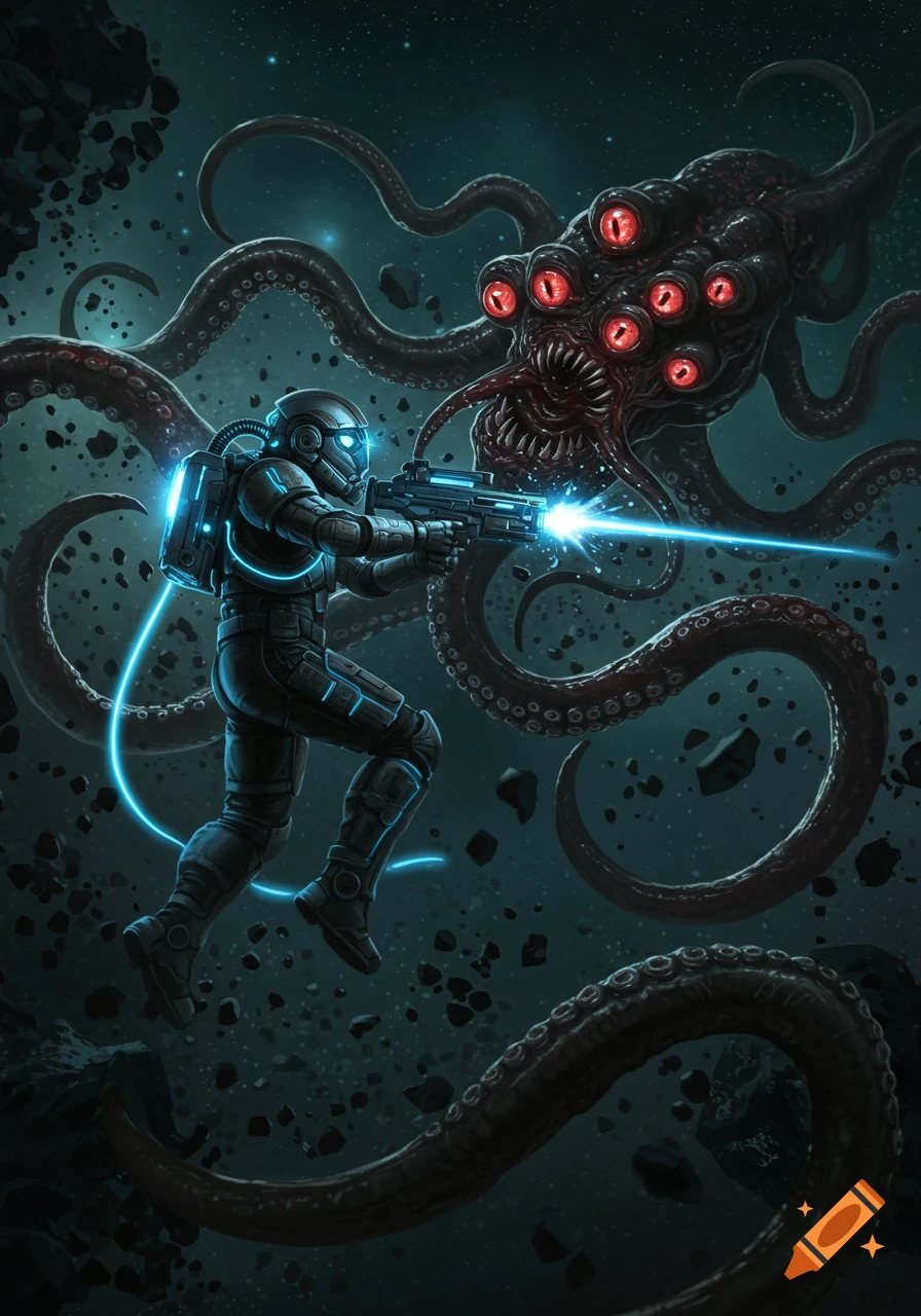 A space soldier in a glowing suit fires a laser rifle at a large, red-eyed tentacle monster amidst asteroids in space.
