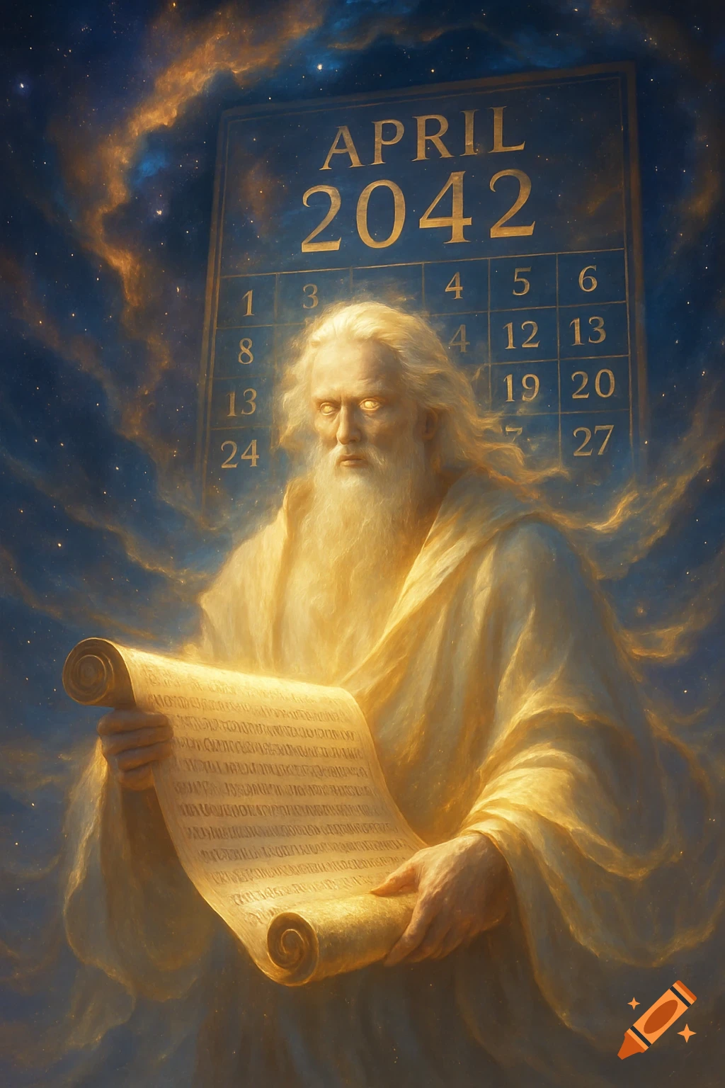 A majestic divine figure with a long white beard and glowing eyes, cloaked in golden light, holds an illuminated scroll. Behind him, a celestial calendar displays "APRIL 2042" against a cosmic background.