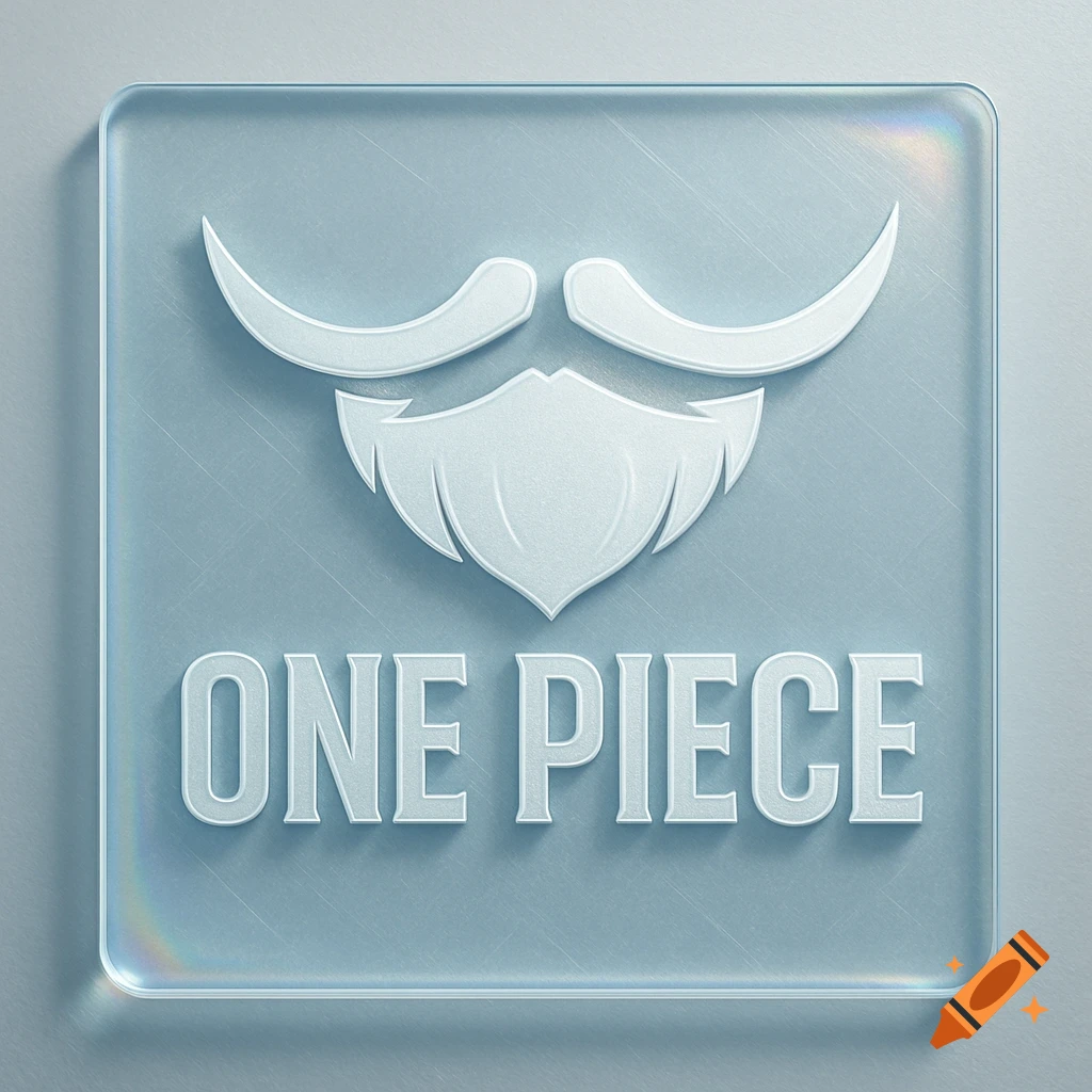 A white embossed beard logo with the text 'ONE PIECE' below it, all on a frosted glass-like square background.