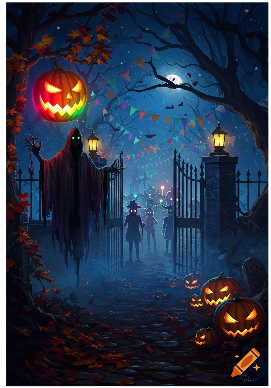 A spooky Halloween night scene with a looming ghost at a cemetery gate, illuminated jack-o'-lanterns, and costumed figures under a full moon.