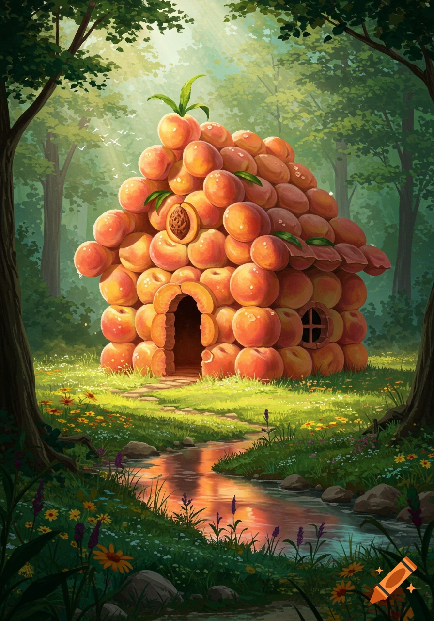 A whimsical cabin made of peaches in a lush, sunlit forest with a winding stream.