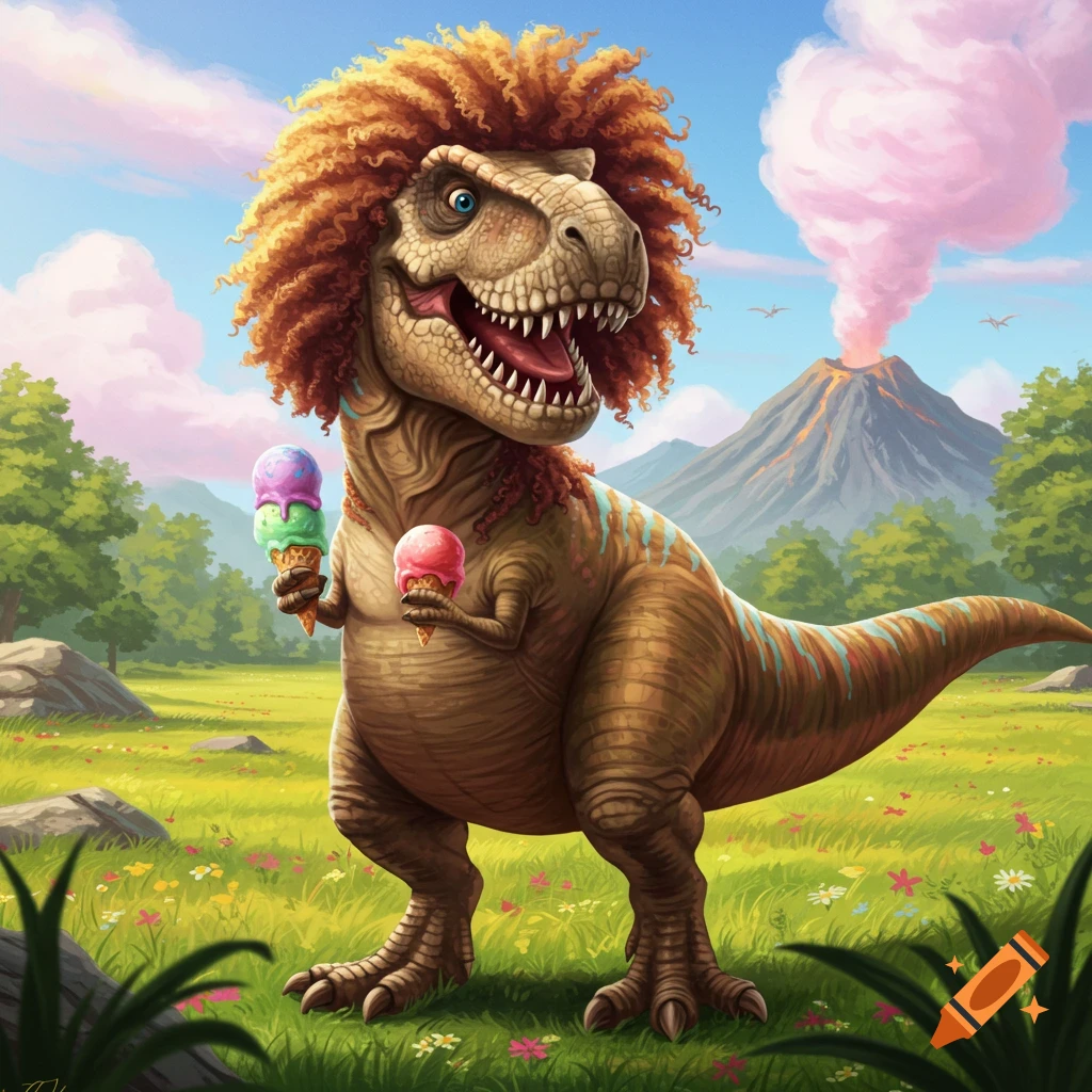 A smiling T. rex with curly hair stands in a vibrant green field, holding two ice cream cones, with a volcano emitting pink smoke in the background.