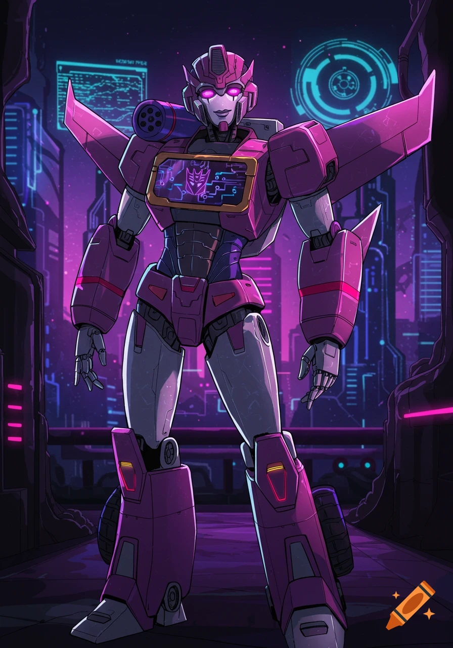 Purple and pink female robot in a futuristic city at night with neon lights.