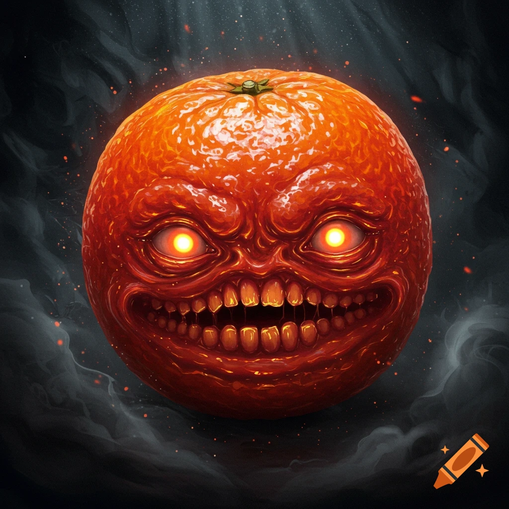 A detailed illustration of a demonic orange fruit with glowing red eyes and sharp teeth on a dark background.