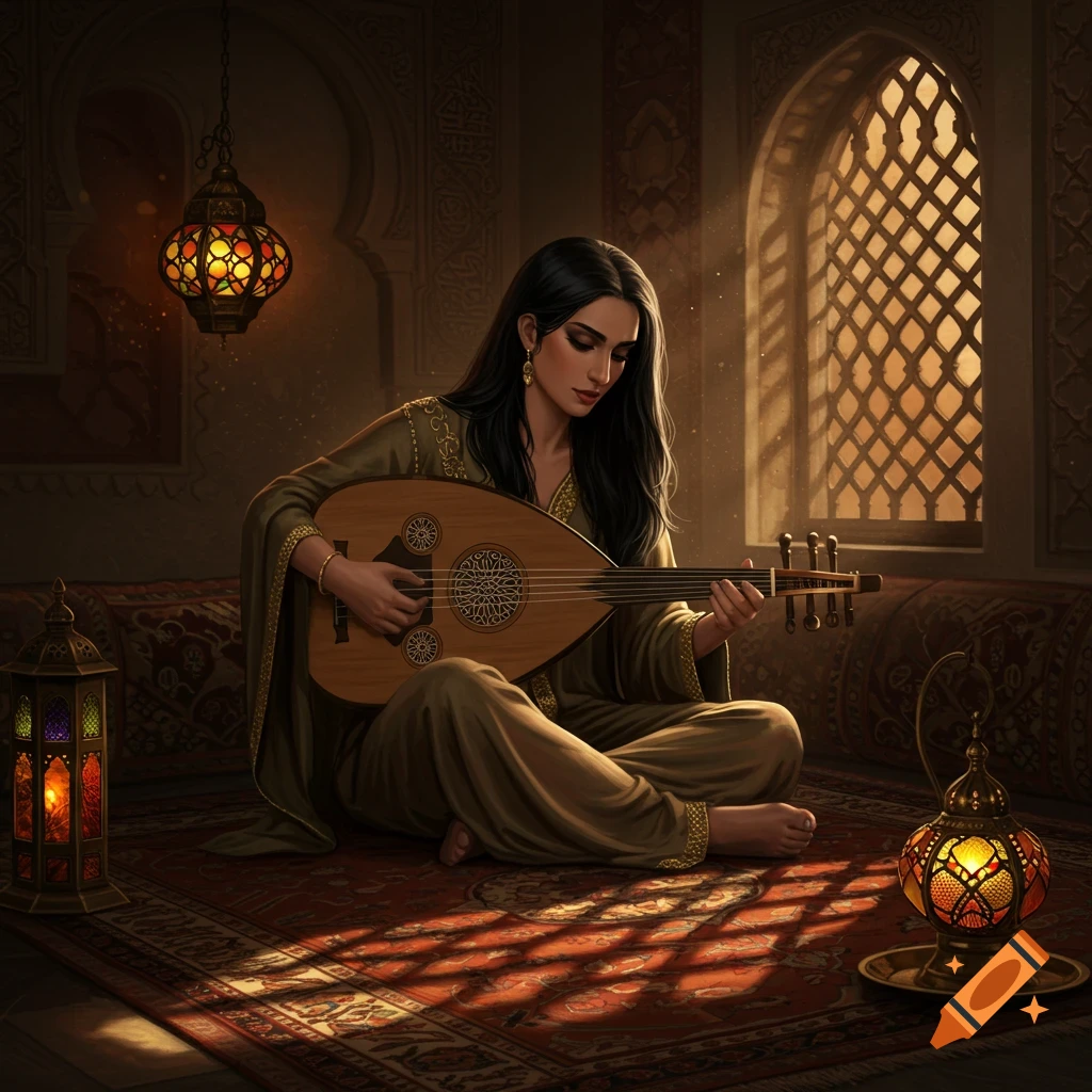 A woman in a traditional green dress sits cross-legged, playing an oud in a warmly lit room with ornate lanterns and a latticed window.