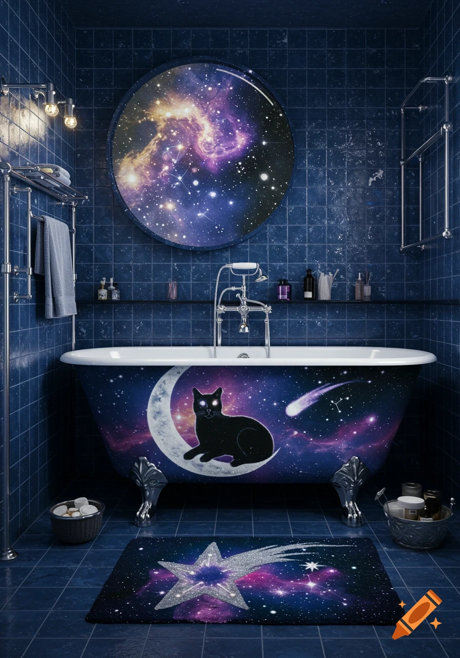 A bathroom featuring a celestial theme, with a bathtub decorated with a black cat on a crescent moon and a starry sky. A large circular mirror above also shows a galaxy, and a shooting star rug is on the floor. The room is tiled in dark blue.