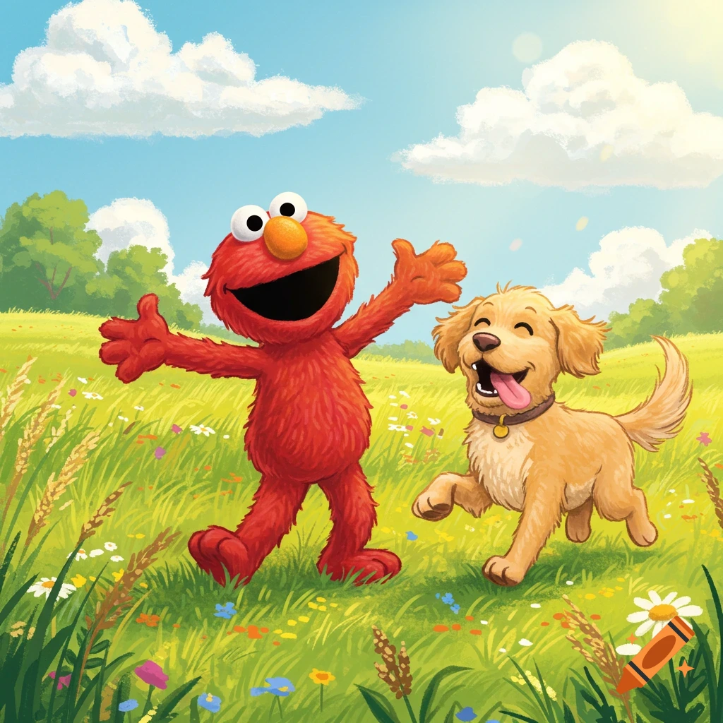 Elmo and a golden retriever puppy happily playing in a sunny green field with wildflowers, in a cartoon style.