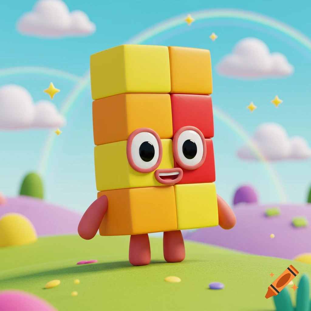 A smiling 3D animated character made of yellow, orange, and red blocks stands on a green hill under a blue sky and rainbow.