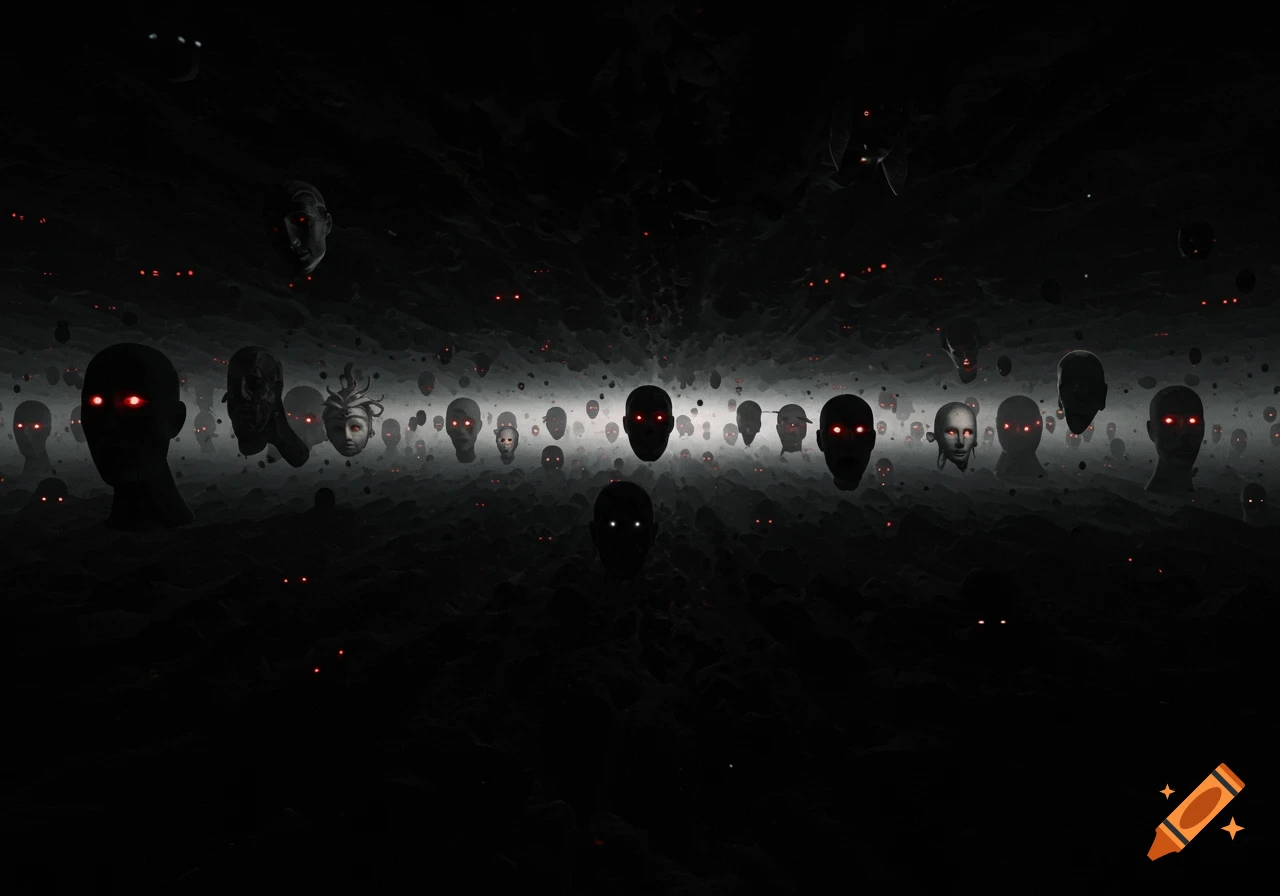 Dark, featureless heads with glowing red and white eyes float in a vast, shadowy, abstract space.