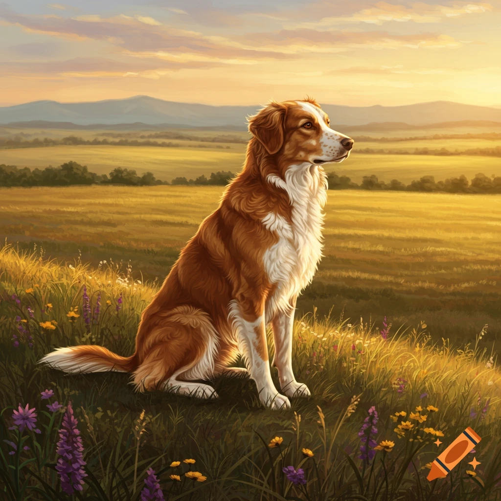 A brown and white dog sits in a grassy field with wildflowers at sunset, with mountains in the background, in a painterly style.