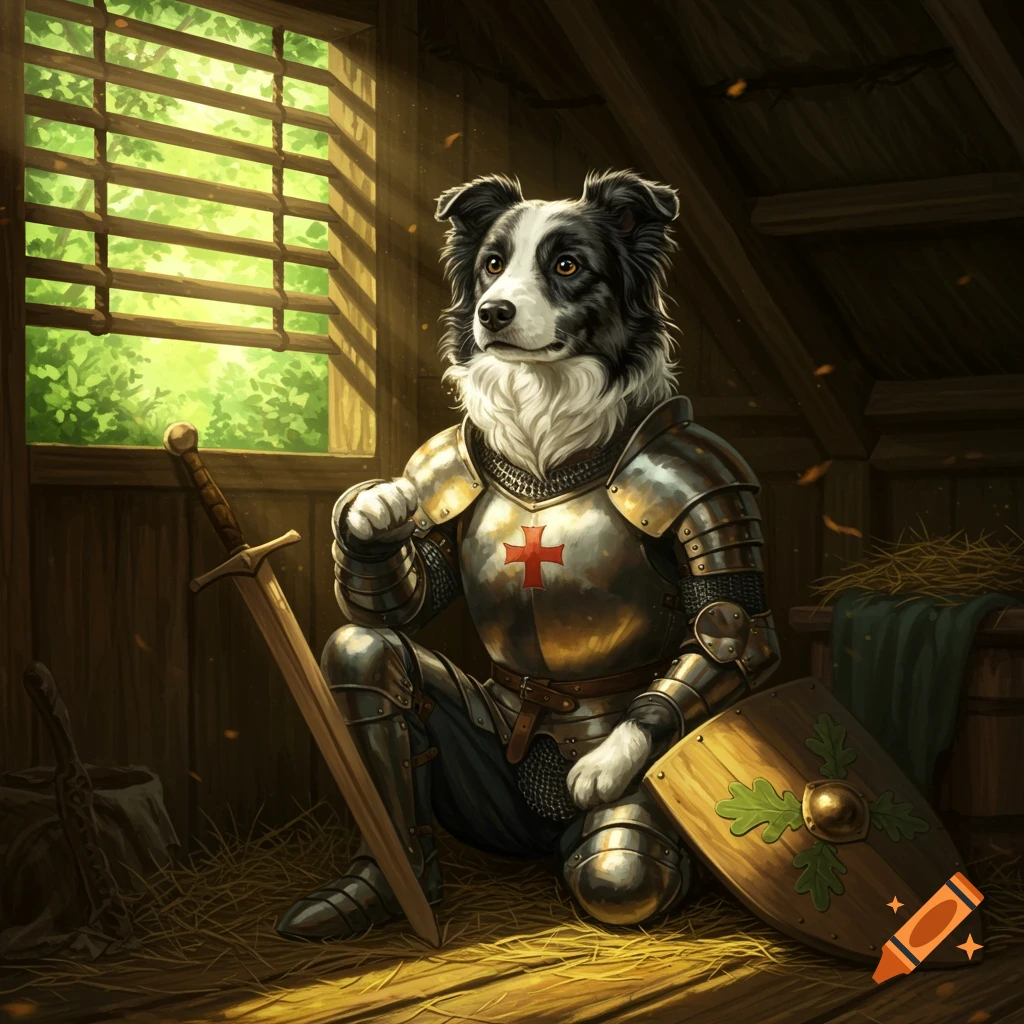 A Border Collie in shining knight armor kneels in a sunlit wooden room, next to a sword and shield.