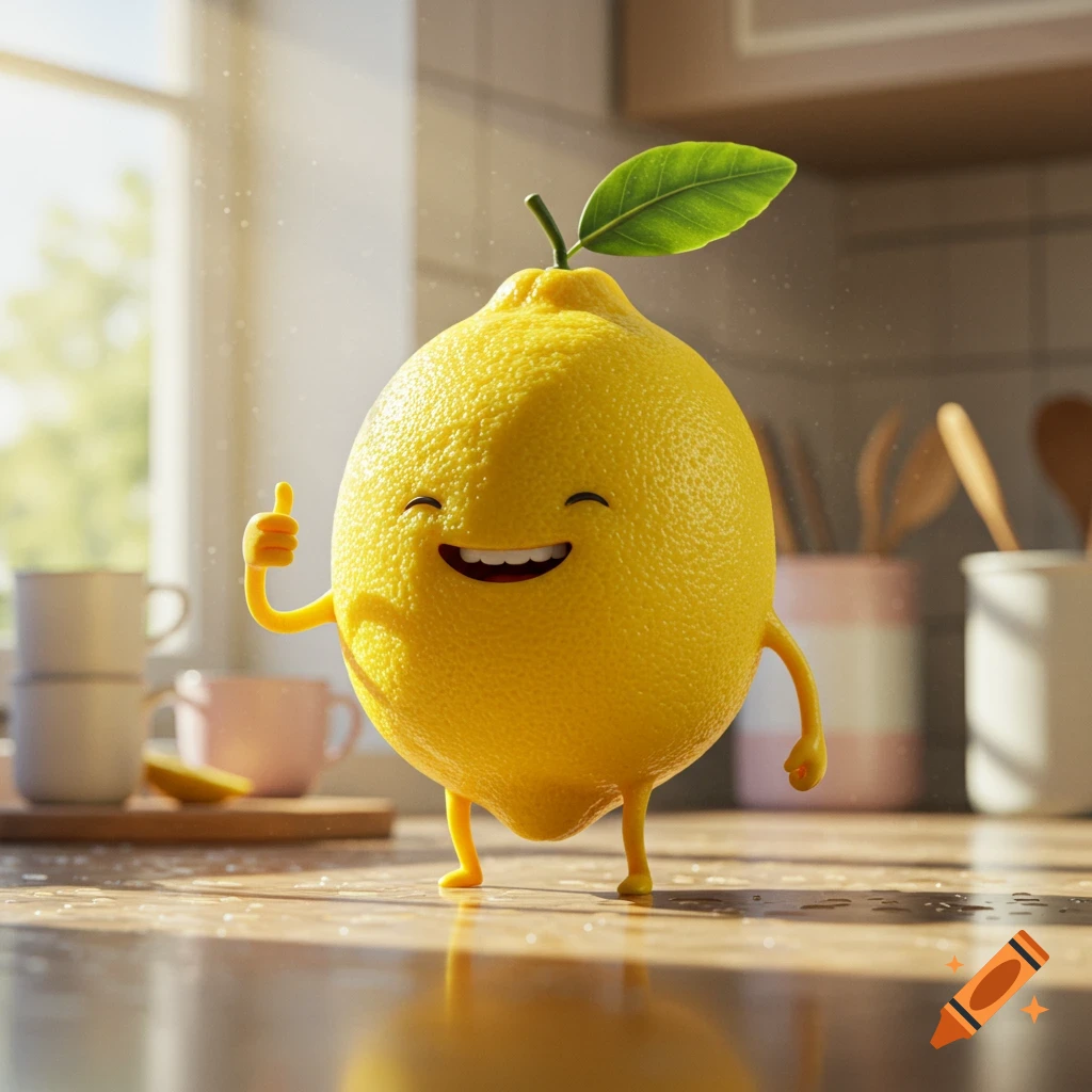 A smiling, anthropomorphic lemon character with arms and legs gives a thumbs-up on a kitchen counter in sunlit room.