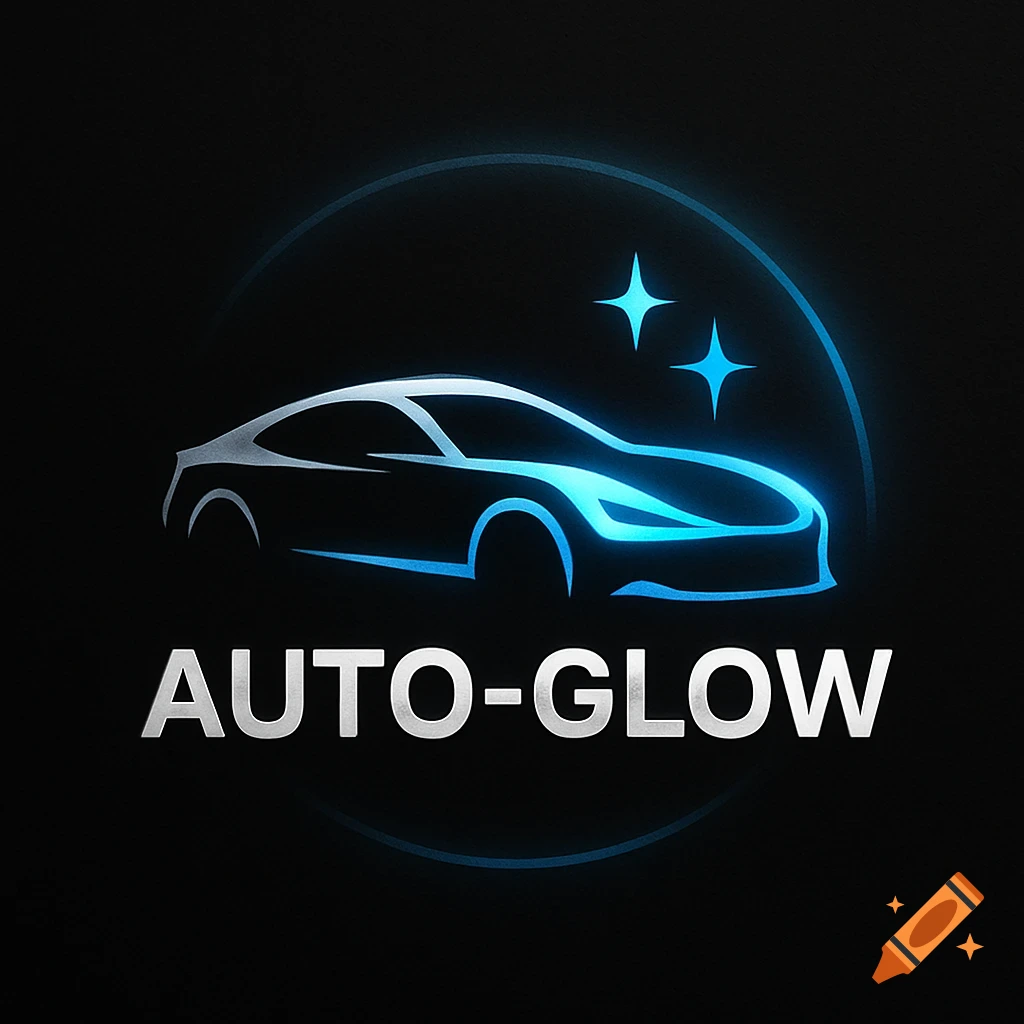 A sleek, minimalist logo for 'AUTO-GLOW' with a glowing blue outline of a car inside a circular neon light.