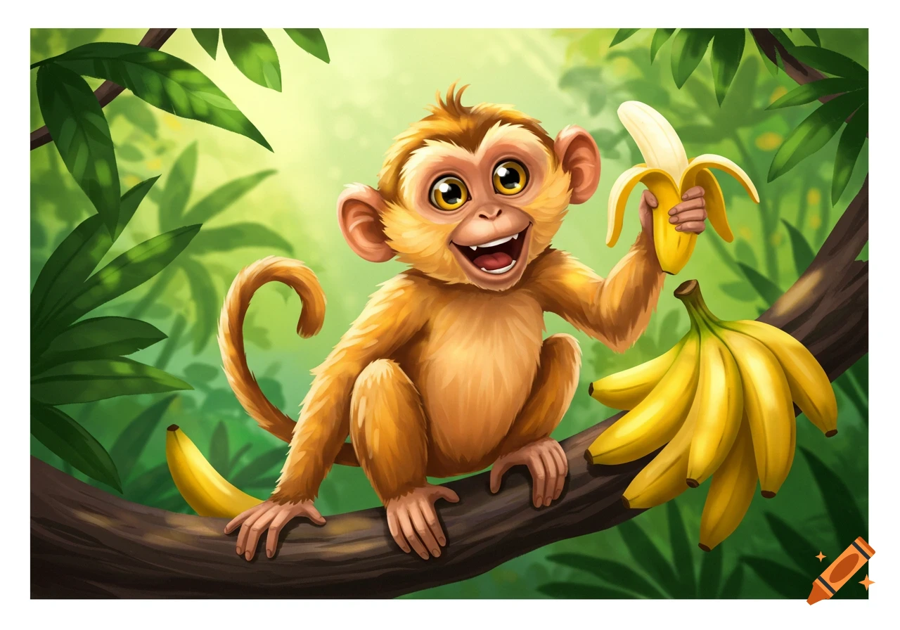 A happy cartoon monkey sits on a tree branch, holding a peeled banana, surrounded by green jungle leaves.
