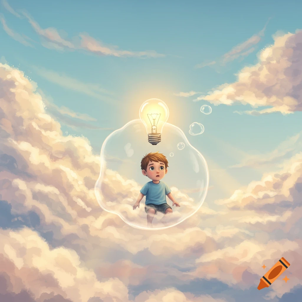 A cartoon boy in a bubble floats above clouds with a glowing light bulb representing an idea.
