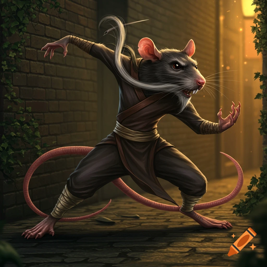 A stylized, realistic rat in a brown martial arts gi strikes a kung fu pose in a dimly lit alleyway, with a long white wispy beard and an evil expression.