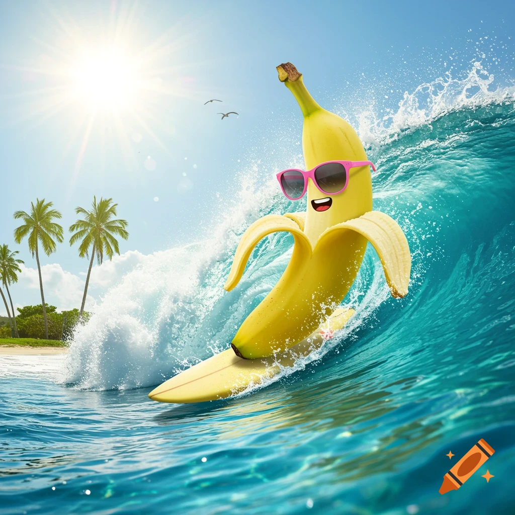 A cartoon banana wearing pink sunglasses surfs on a yellow board on a large blue wave, with palm trees and a sunny sky.