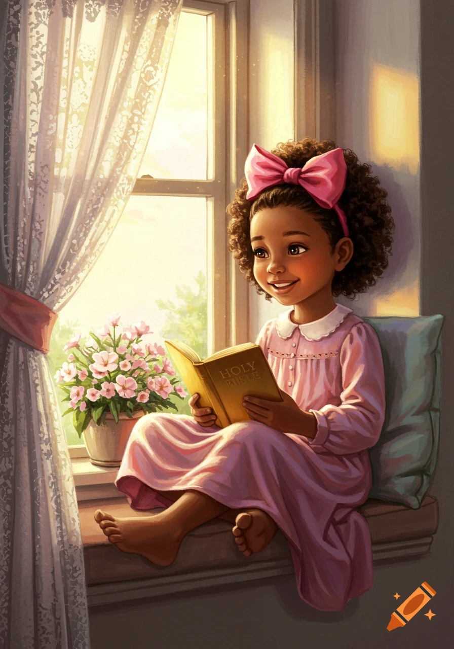 Illustrated African American girl with a pink bow reading a Bible by a sunny window with flowers.