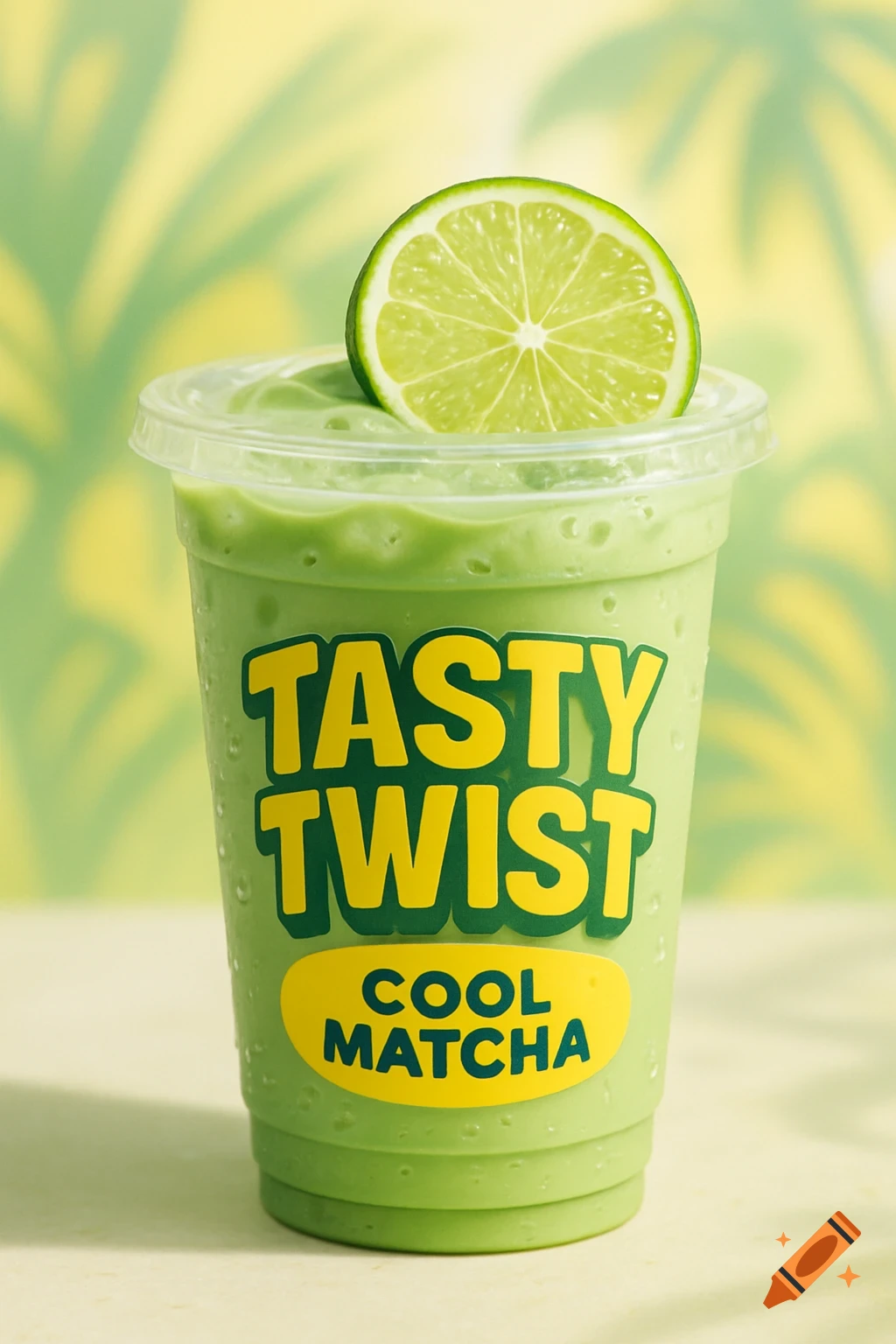 A vibrant green matcha drink in a clear plastic cup, topped with a lime slice and labeled 'Tasty Twist Cool Matcha'.