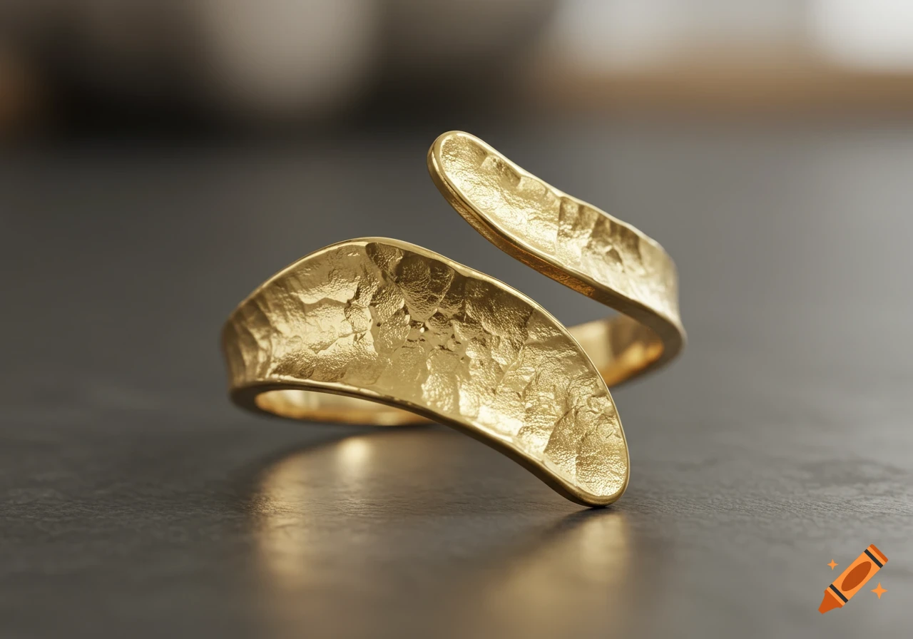 Close-up of a hammered gold ring with a creative, wavy design on a dark surface, photorealistic style.