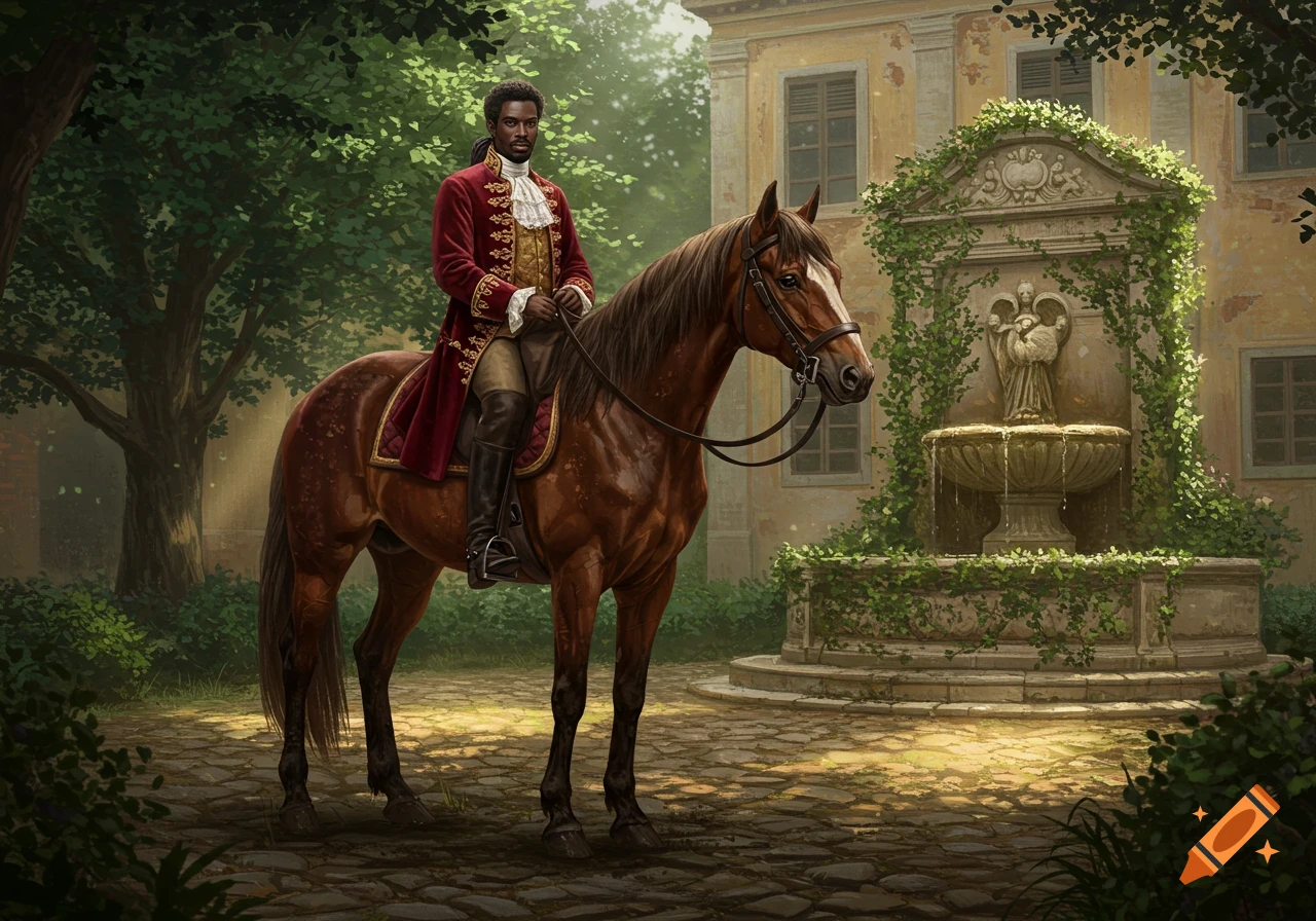 A Black man in a red velvet coat and breeches rides a brown horse in a sunlit courtyard with a classical fountain and building.