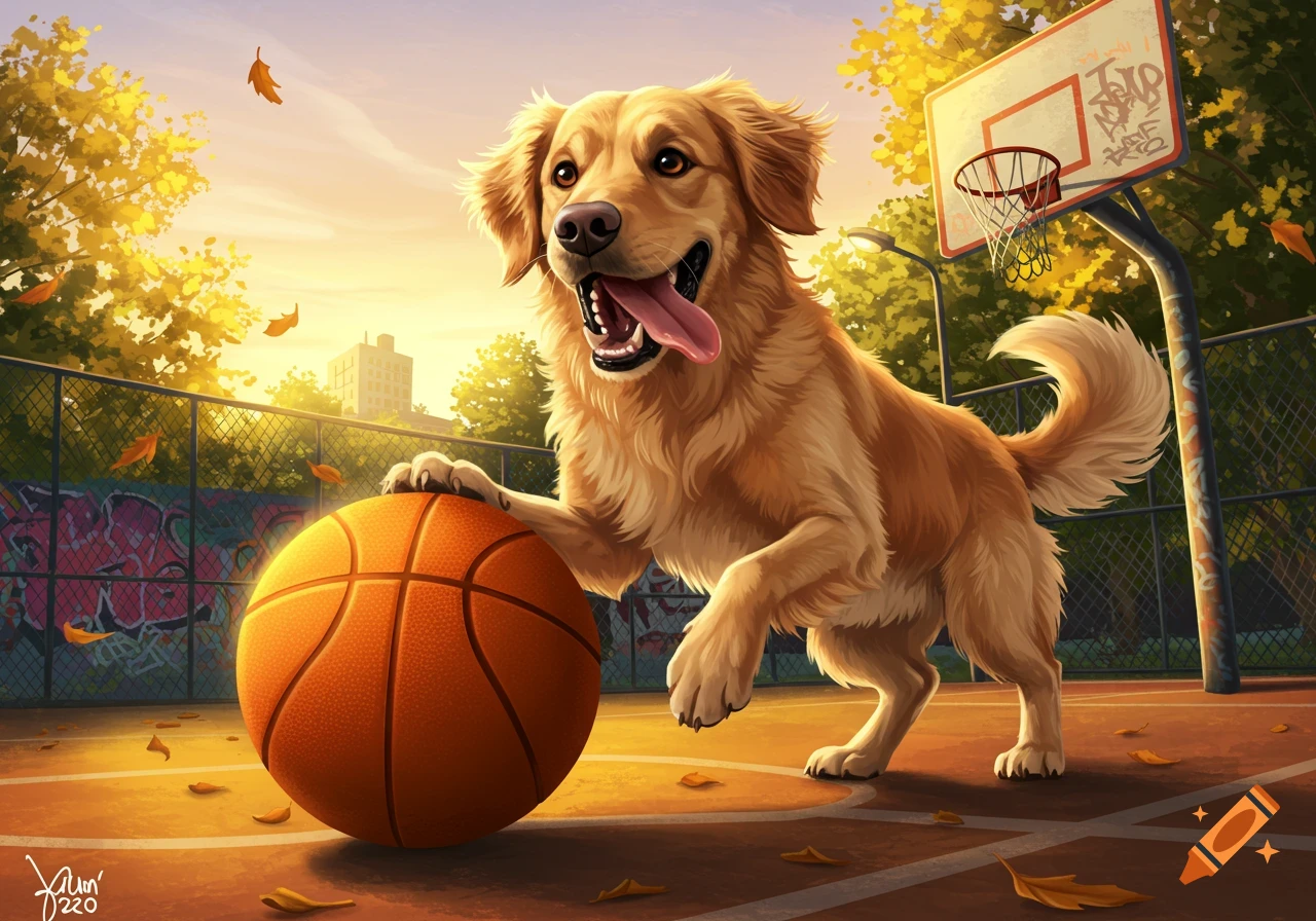 A happy golden retriever plays with a basketball on an outdoor court, with autumn leaves falling. Digital art.