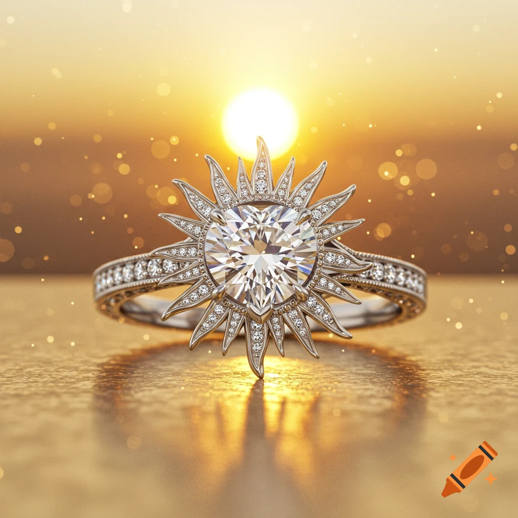Photorealistic diamond engagement ring with a heart-shaped center stone and sunburst design, set against a golden sunset background.
