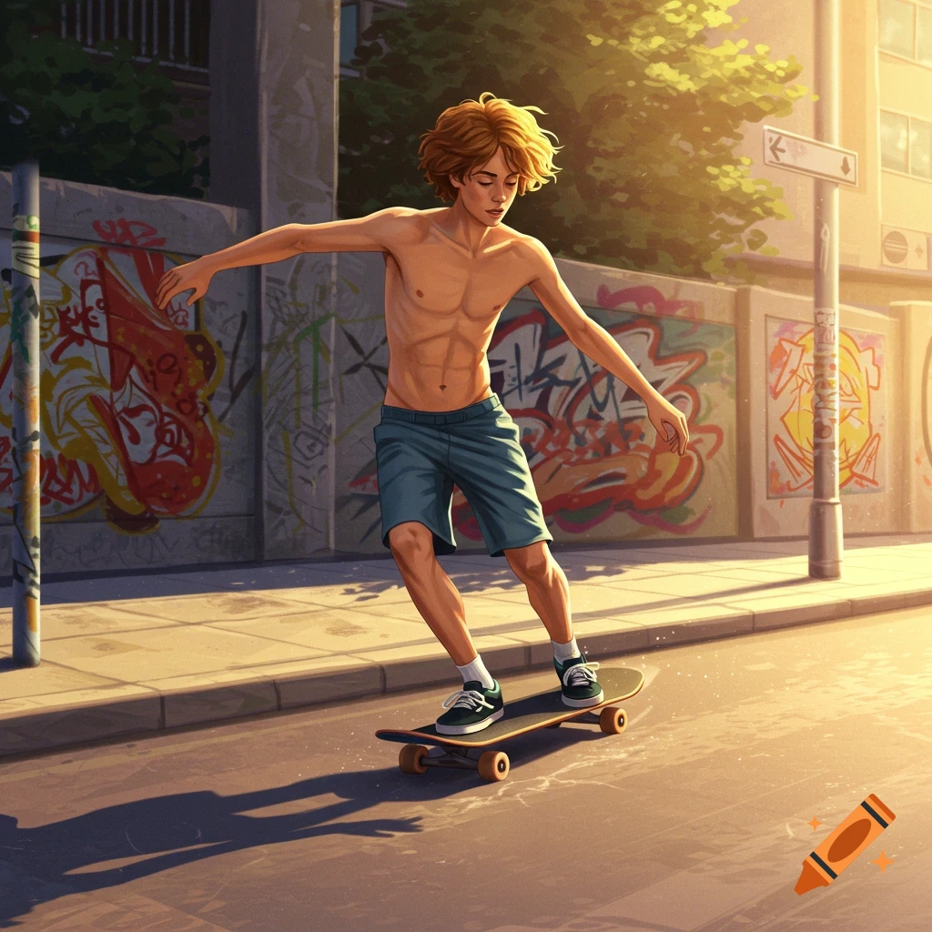 An illustration of a shirtless, skinny young man with curly hair skateboarding down an urban street with graffiti-covered walls, lit by golden hour sun.