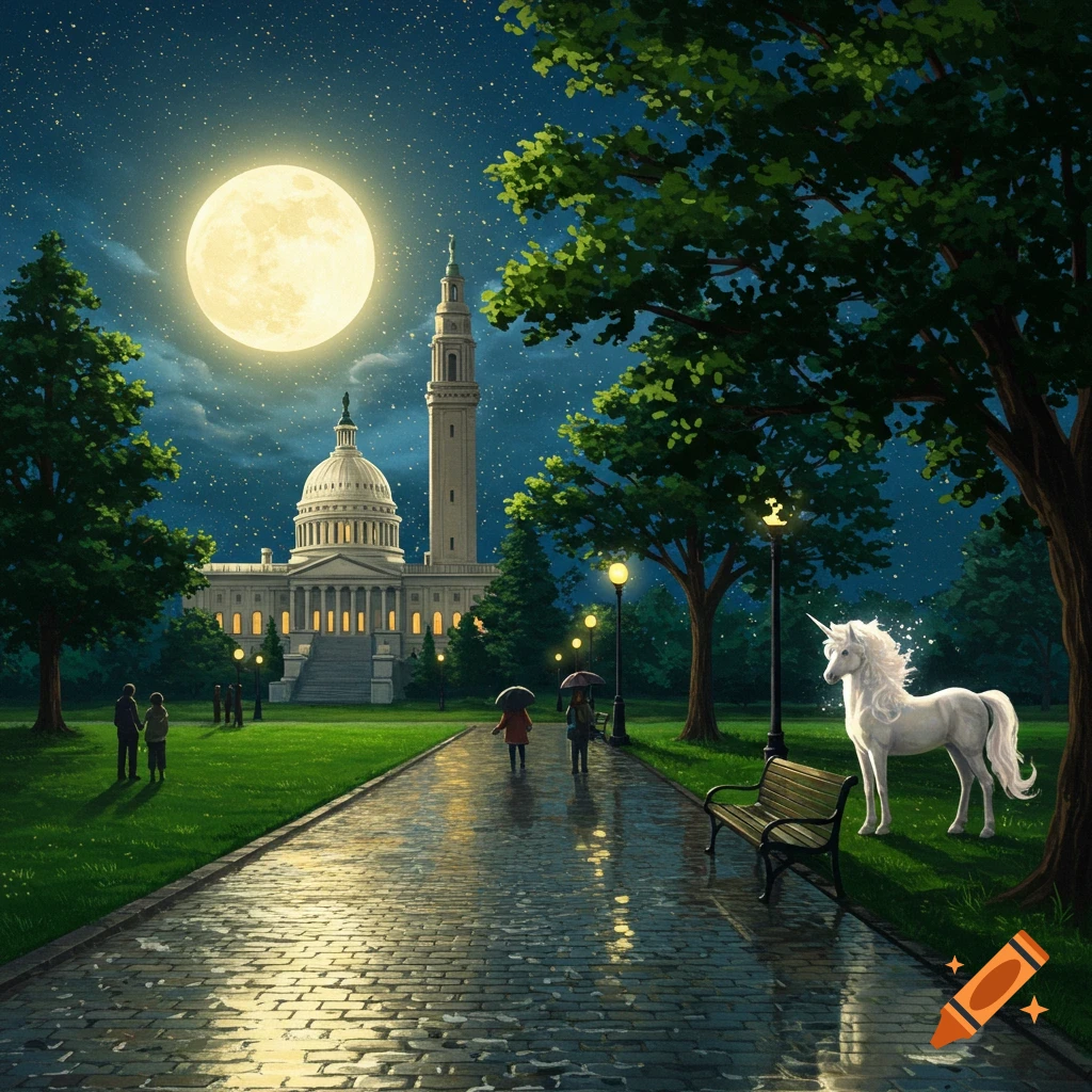 A fantastical night scene with a bright full moon over a Capitol-like building, a magical unicorn, and people in a park with wet paving.