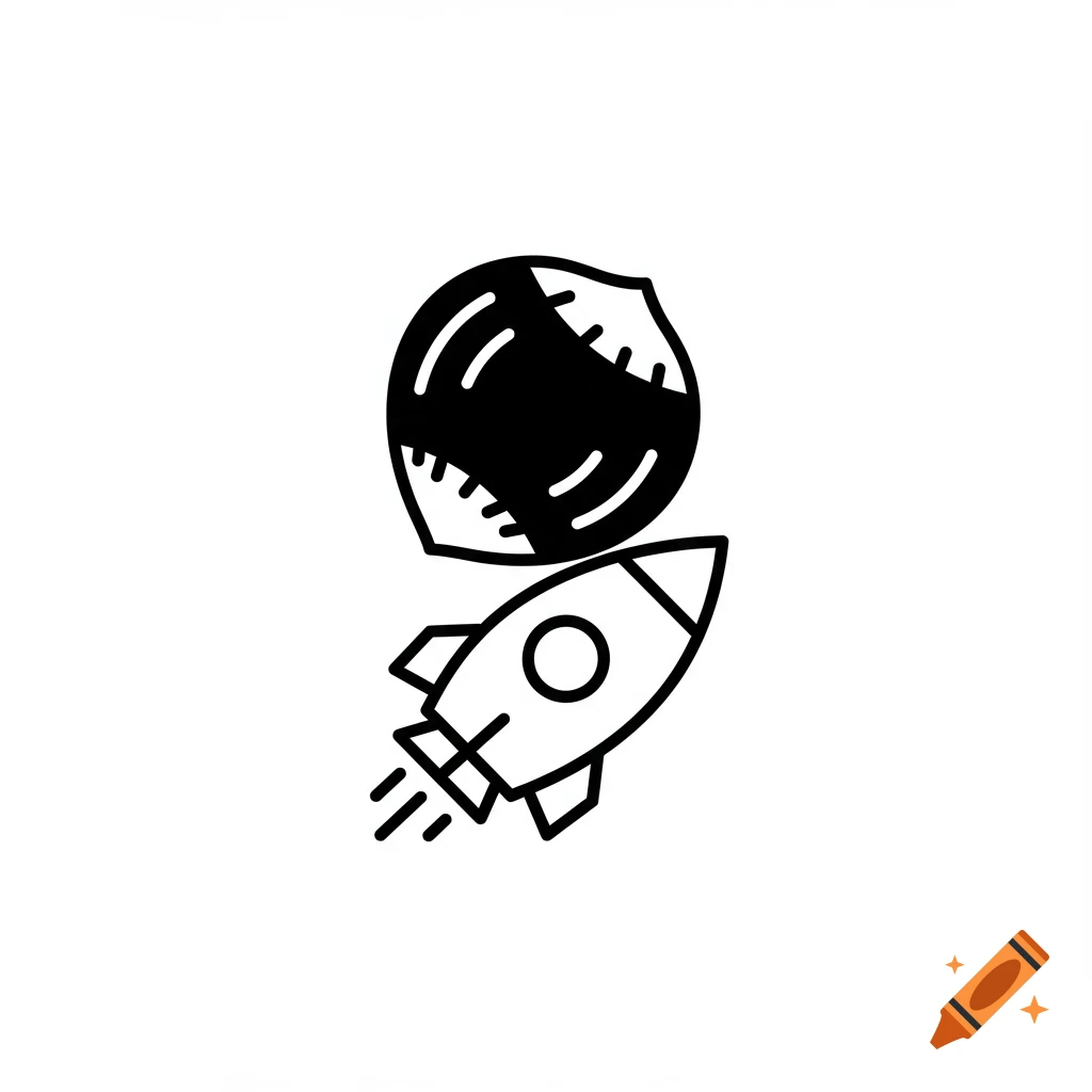 Black and white icon of a hazelnut atop a rocket, depicting motion.