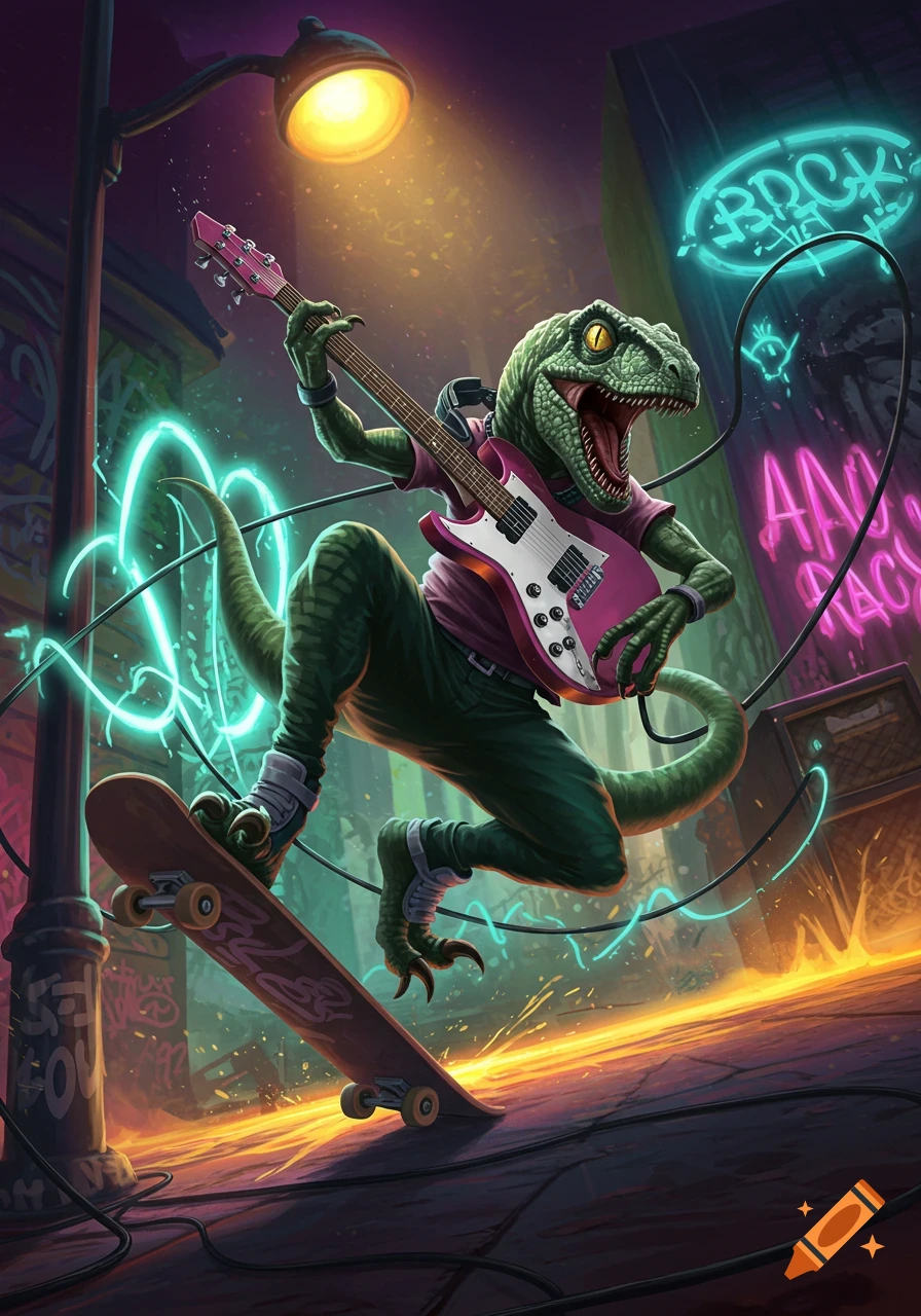 An illustrated green velociraptor in a pink shirt and pants, playing an electric guitar while doing a kickflip on a skateboard under a neon "ROCK" sign at night.