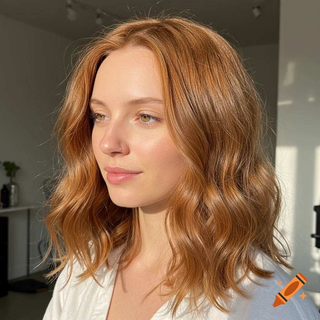 Close-up portrait of a woman with auburn hair and green eyes, bathed in warm sunlight.