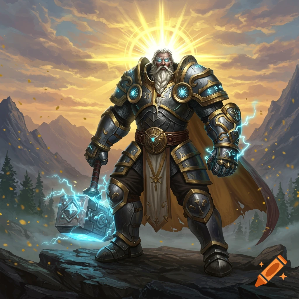A powerful armored paladin with a white beard holds a glowing hammer, lightning sparks around him in a mountain landscape at sunset.