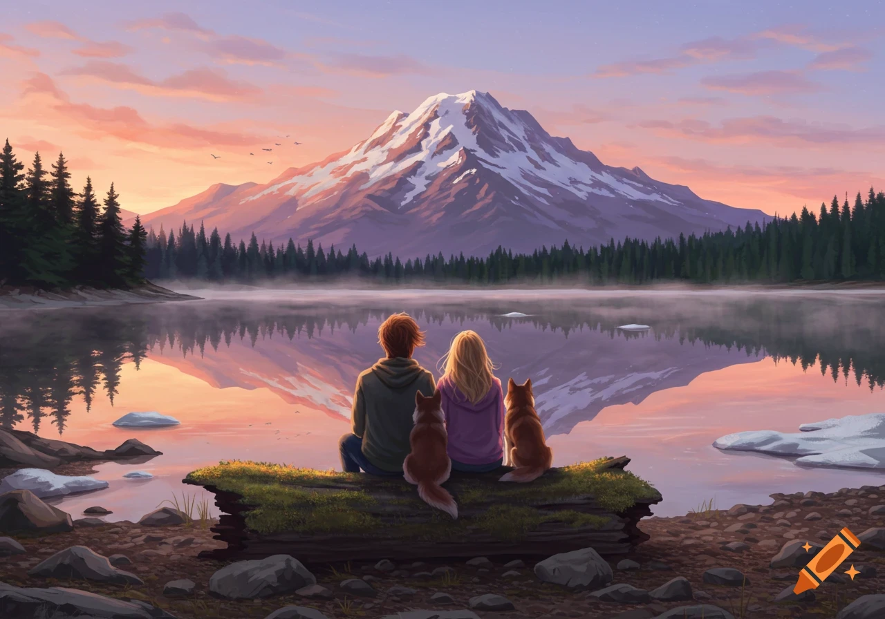 An artistic illustration of a couple and two dogs sitting on a log by a lake, looking at a snow-capped mountain at sunrise/sunset.