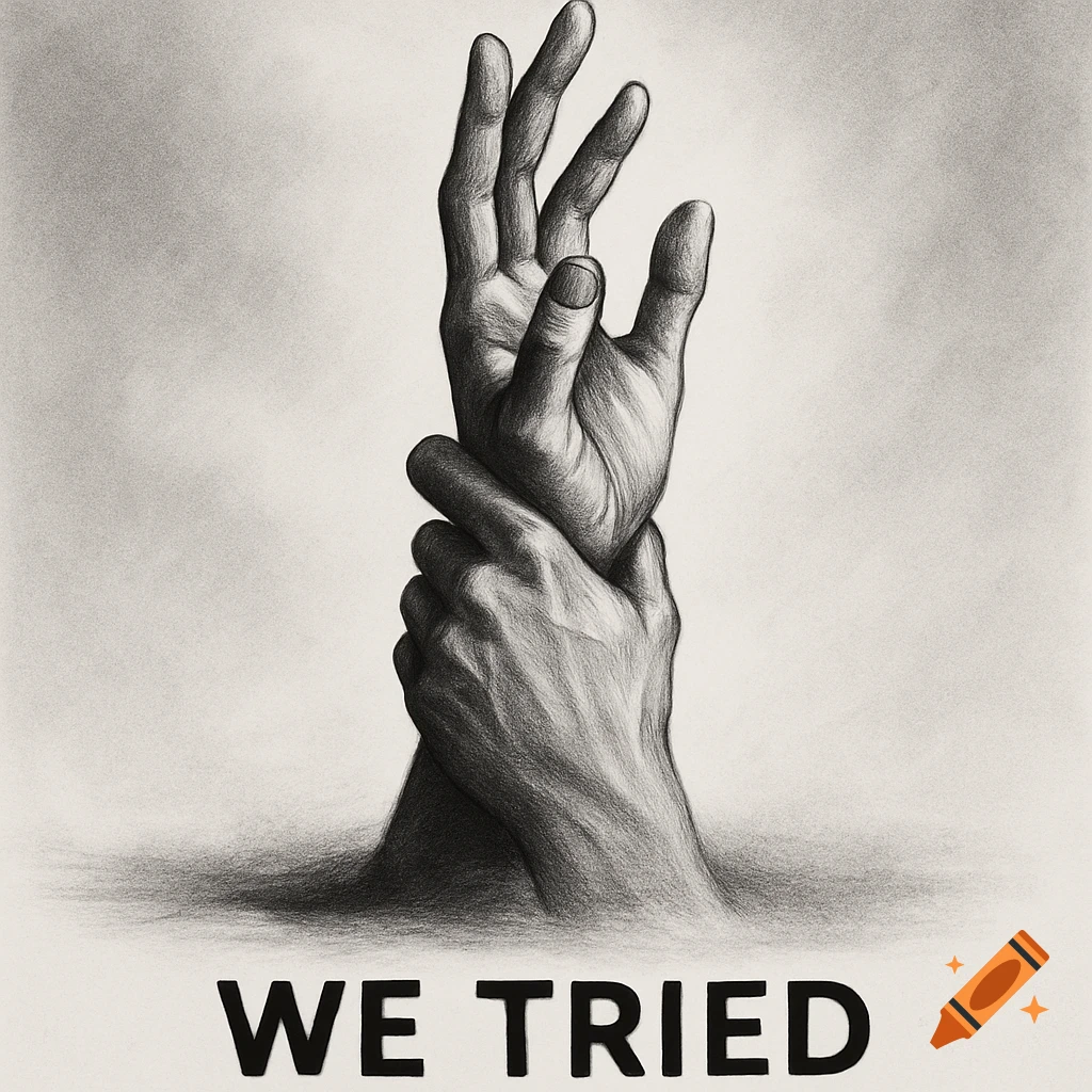 A black and white pencil sketch showing one hand gripping the wrist of another, with the words "WE TRIED" below.
