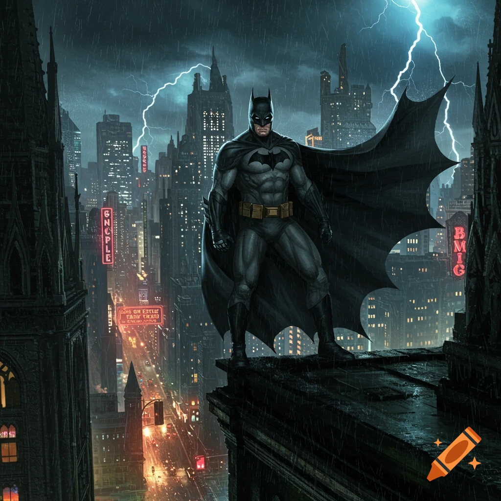 Batman stands on a dark Gotham City rooftop in the rain during a lightning storm, overlooking the illuminated cityscape.