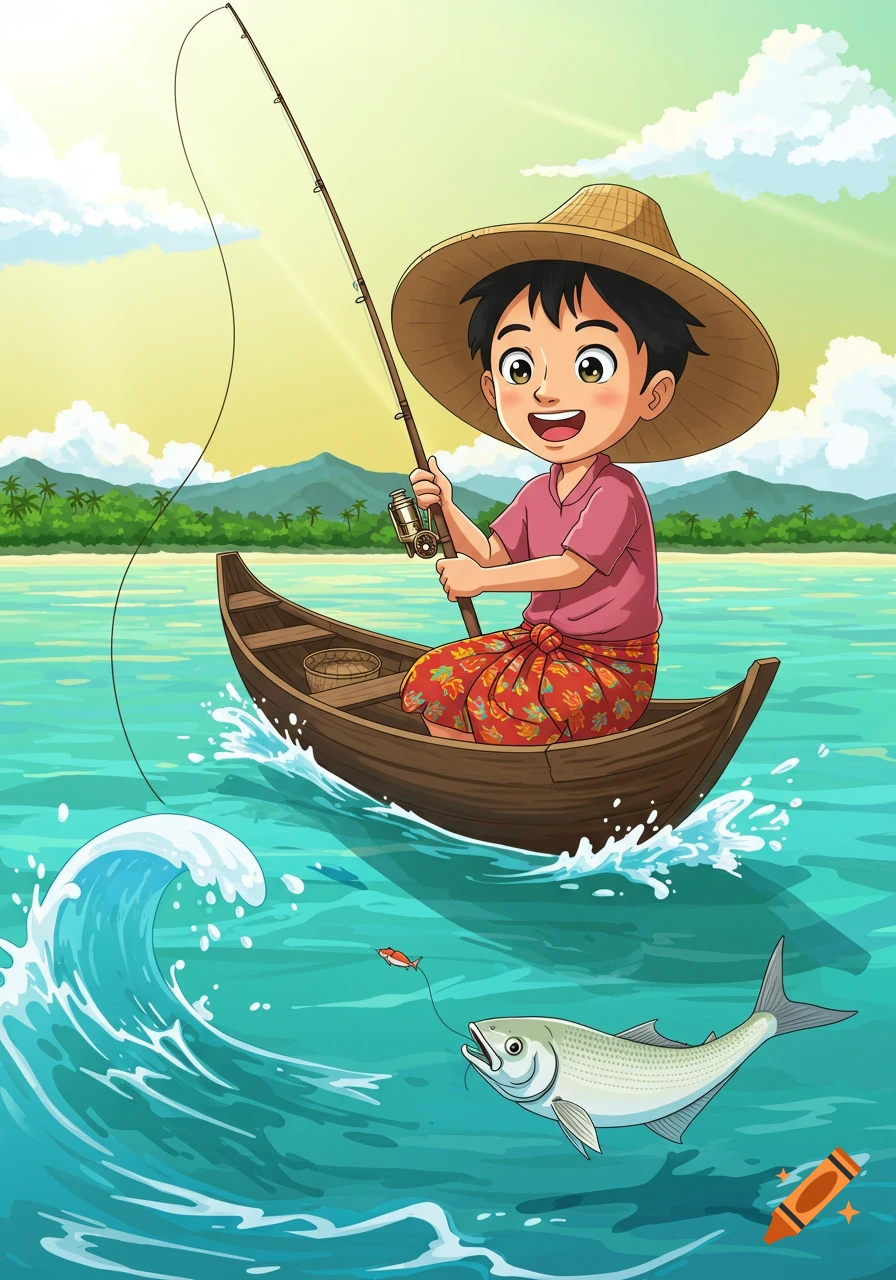 A cartoon of a young boy in a conical straw hat fishing from a small wooden boat on bright blue water. A large fish is on the line, biting the lure near a breaking wave. Tropical islands and mountains are in the background under a yellow sky.