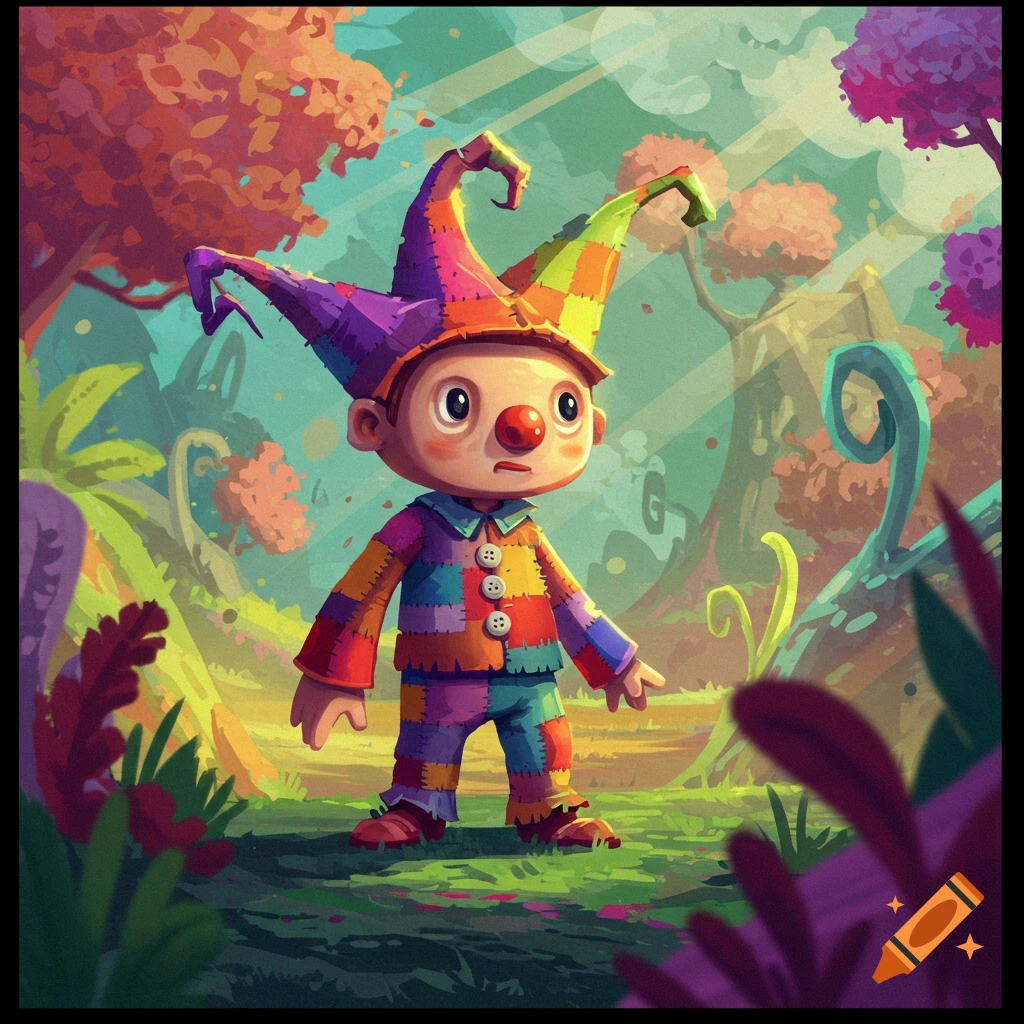 A colorful jester-like character with a red nose and a patched outfit stands in a whimsical, brightly colored forest in a cartoon illustration style.