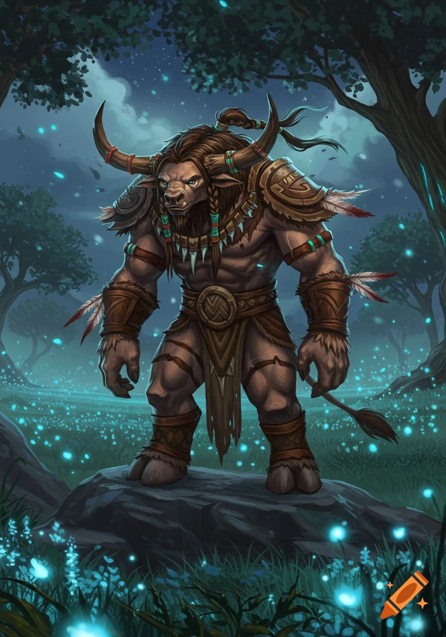 A large, muscular Tauren character in tribal armor stands on a rock in a mystical, glowing forest at night.