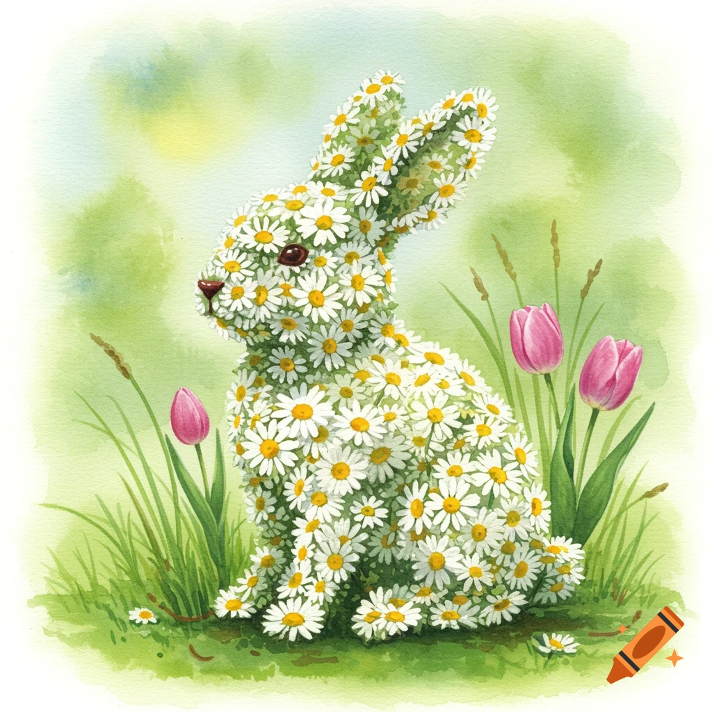 Watercolor painting of an Easter rabbit made of white daisies sitting in green grass with pink tulips.