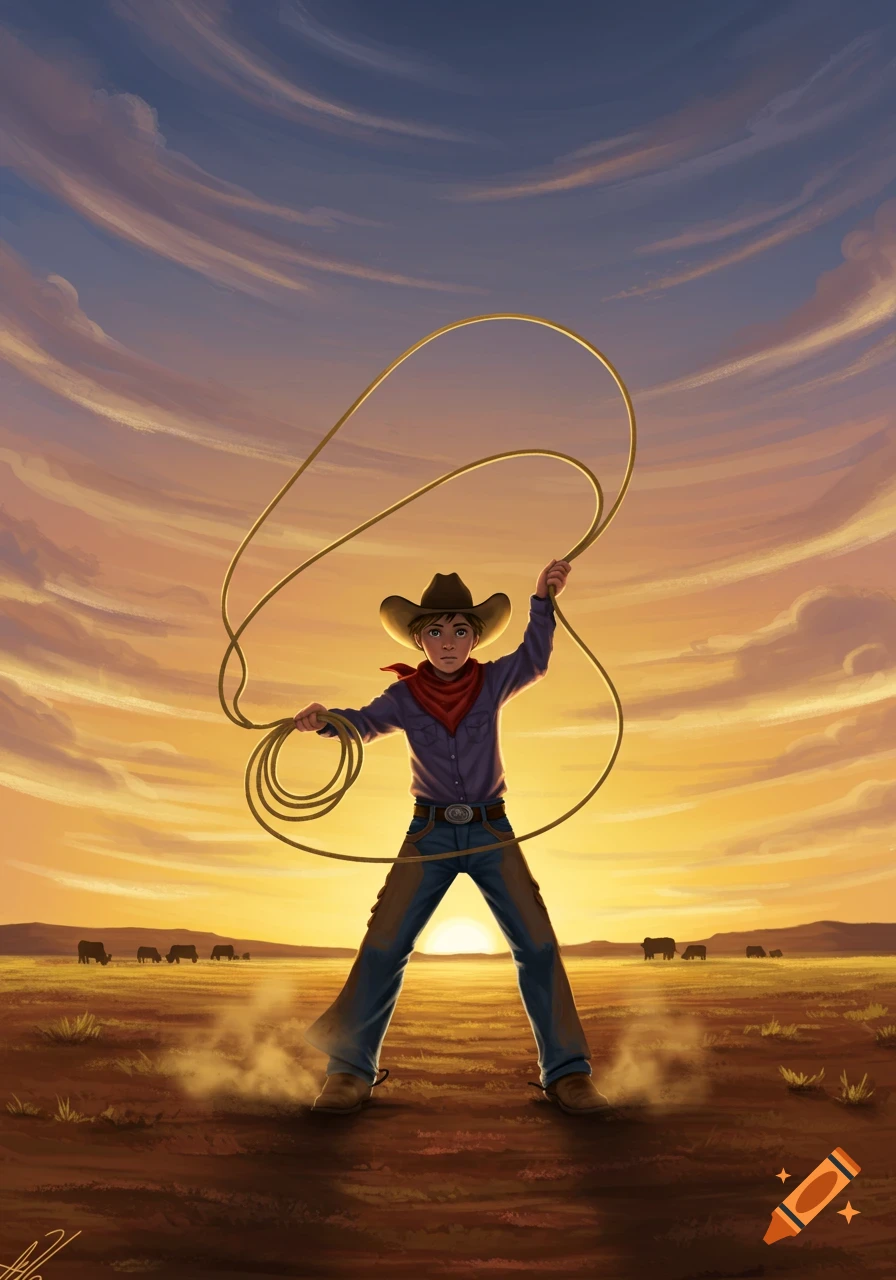 A young boy dressed as a cowboy stands in a field holding a lasso at sunset, with cattle in the distance. Stylized illustration.
